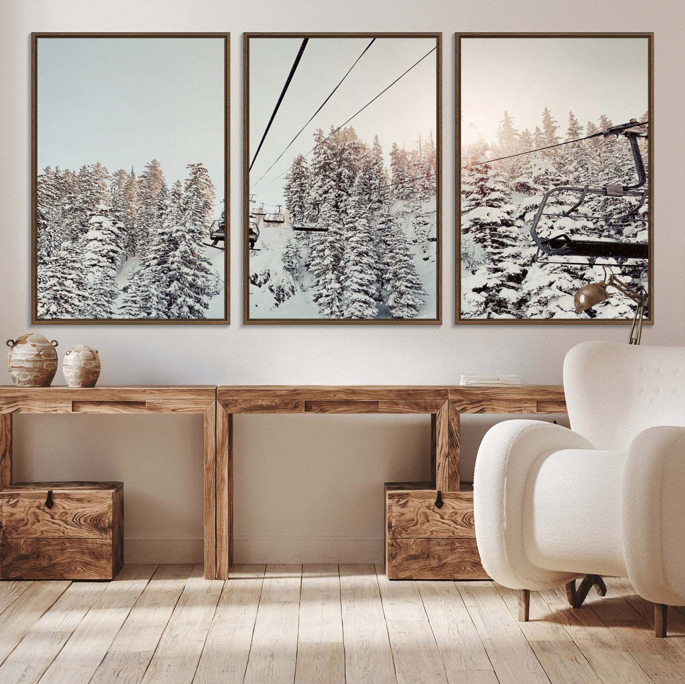 91534512-MGV-CV-36X24-Frosty Pines Wall Art Canvas Print – Framed Cozy Cabin Ski Lift Ride Winter Scene Artwork for Home Office