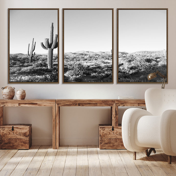 Saguaro Cactus Wall Art Canvas Print, Monochrome Landscape Print, Framed Scenic Arizona Art Print, Large Timeless Western Aesthetic Printing