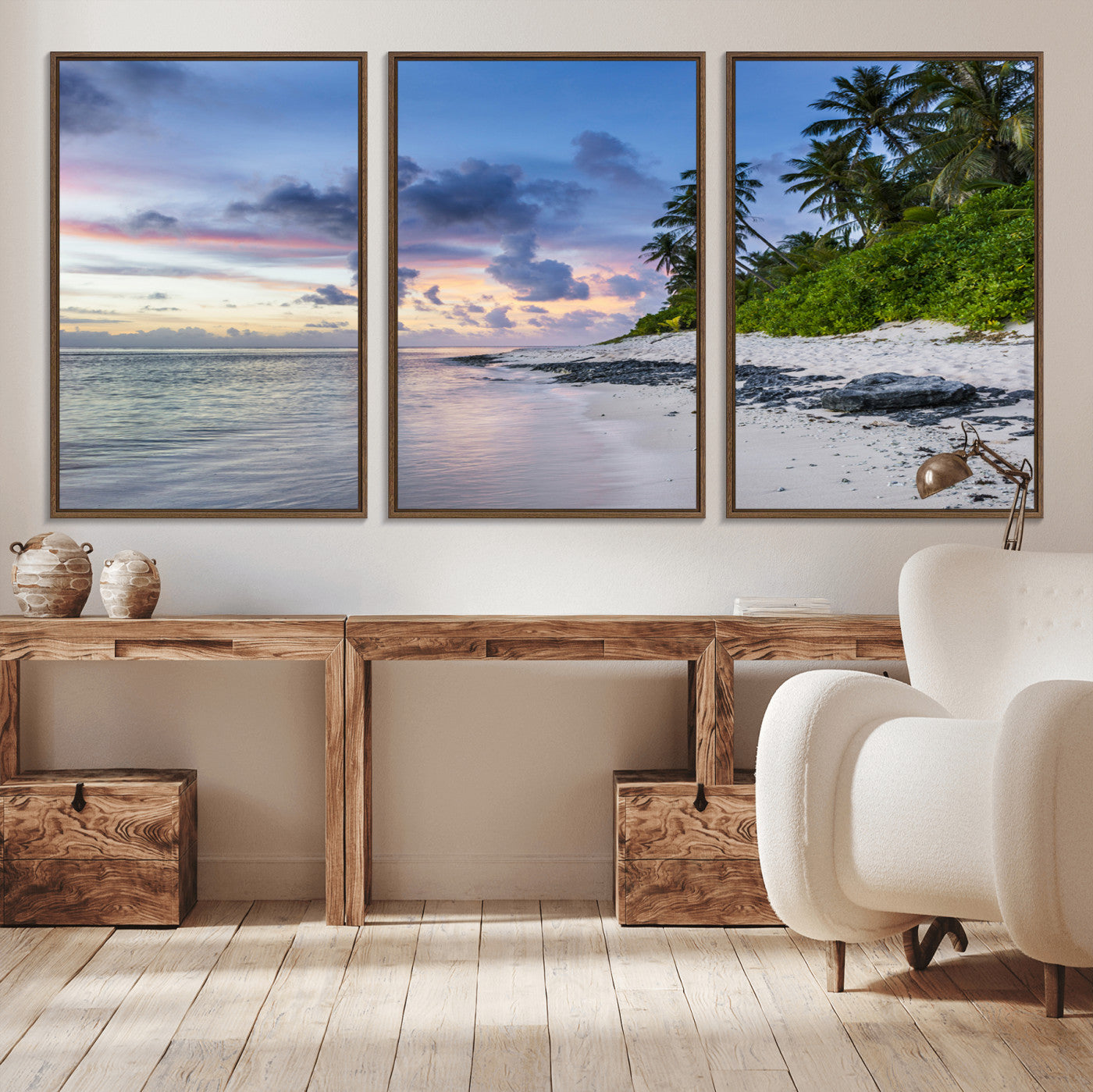 MGV-FC-60X30-3P - Tropical Beach Wall Art Canvas Print, Framed Sunset Glow Art Picture Print, Palm Tree Coast Perfect Tropical Coastal Decor Artwork