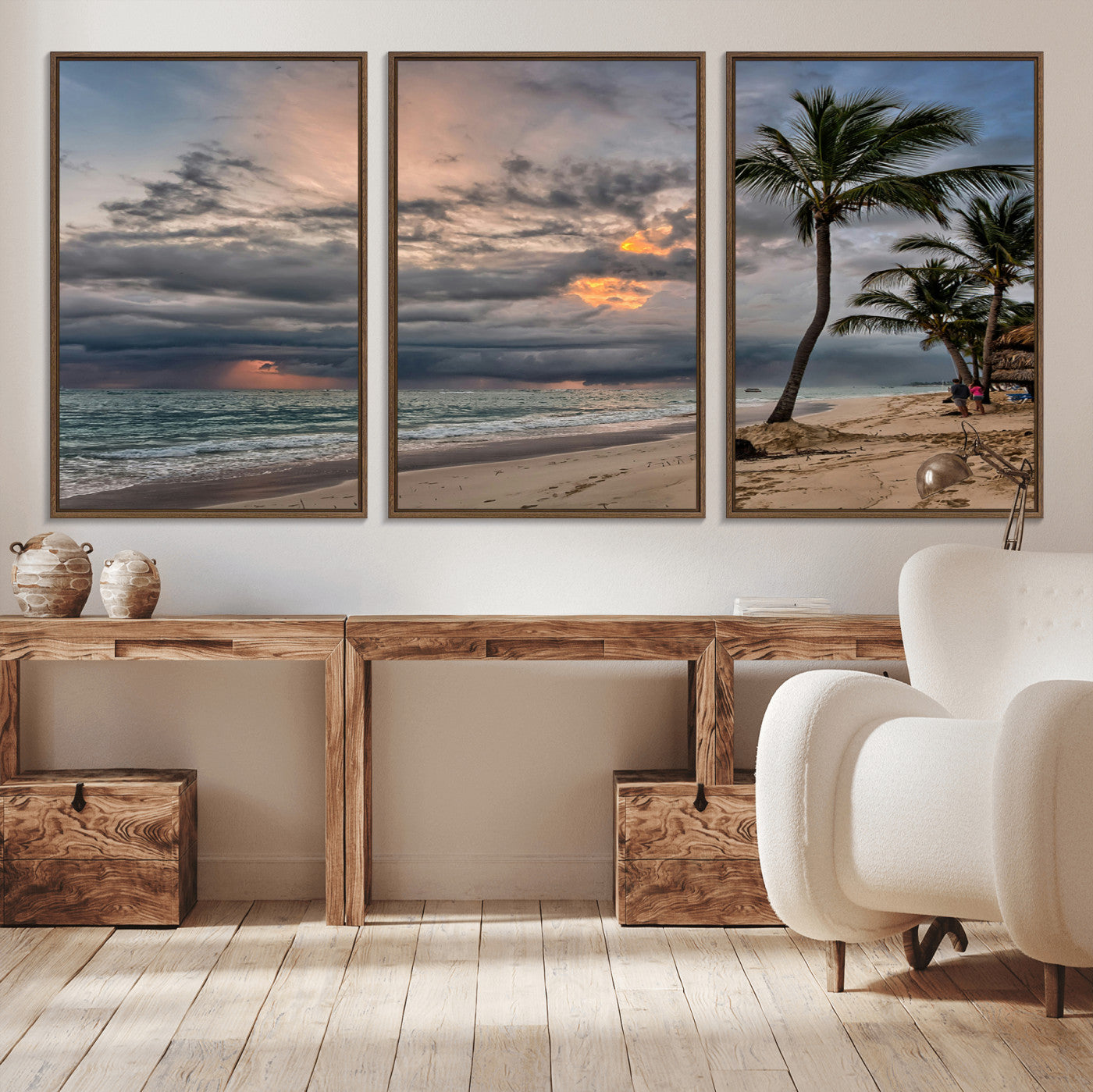 MGV-FC-60X30-3P - Tropical Storm Wall Art Canvas Print, Framed Moody Beach Art Picture Print, Dramatic Sky Perfect Tropical Coastal Decor Artwork