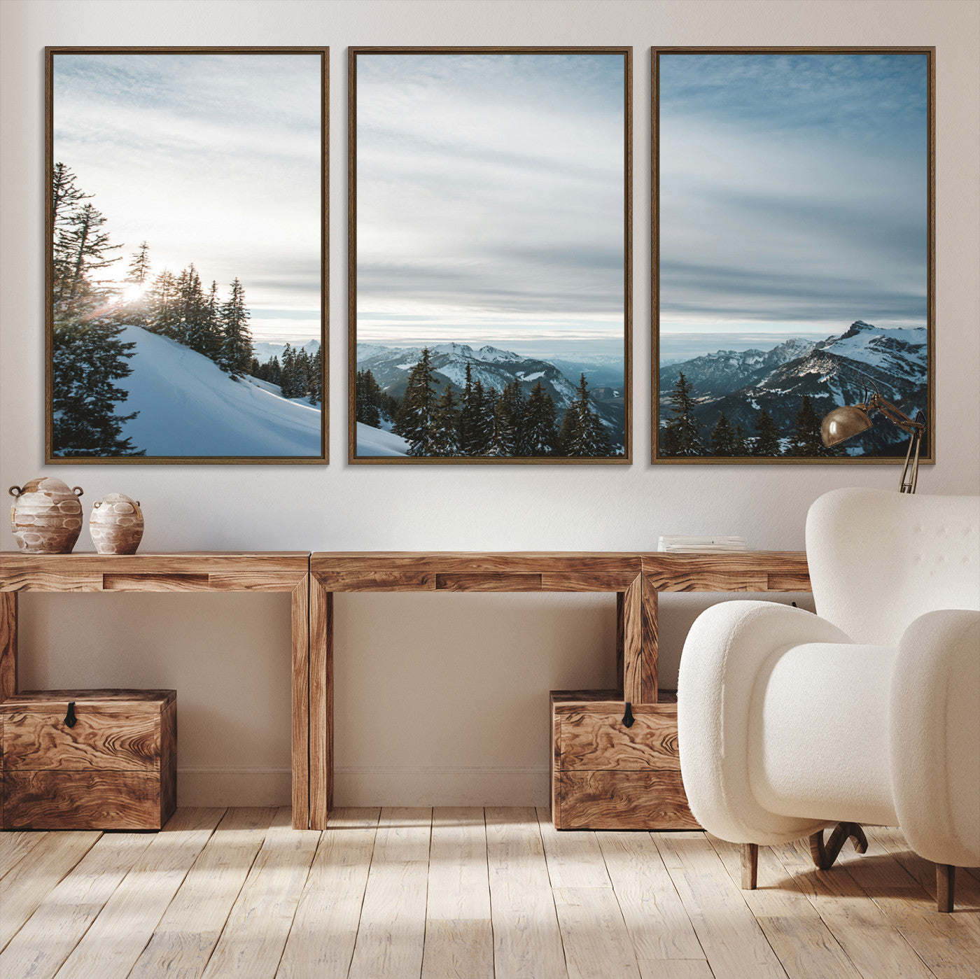 55564749-MGV-CV-36X24-Snowy Mountains Wall Art Canvas Print, Framed Alpine Landscape Art Picture Print, Frosty Peaks Perfect Nordic Minimalist Decor Artwork