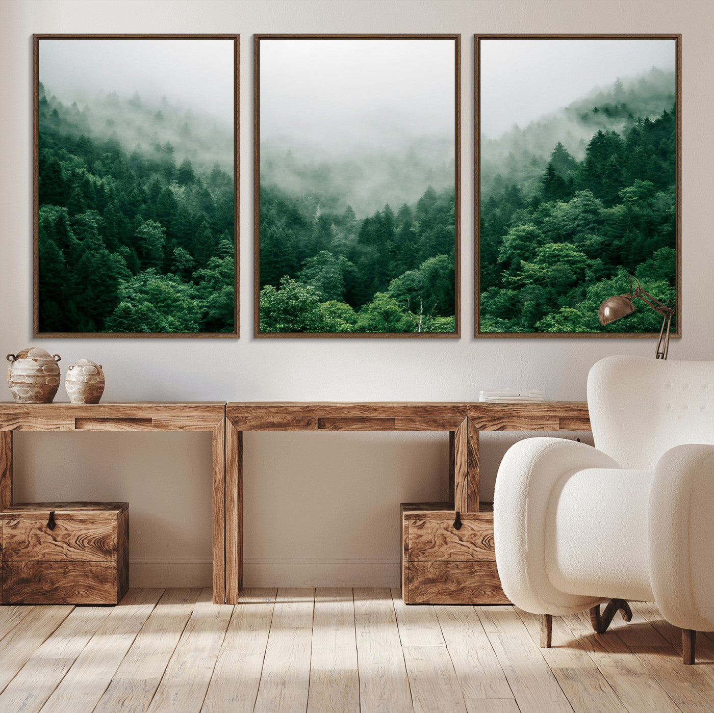MGV-FC-60X30-3P - Misty Green Forest Canvas Print – Serene Foggy Pine Landscape Wall Art, Tranquil Nature Decor for
