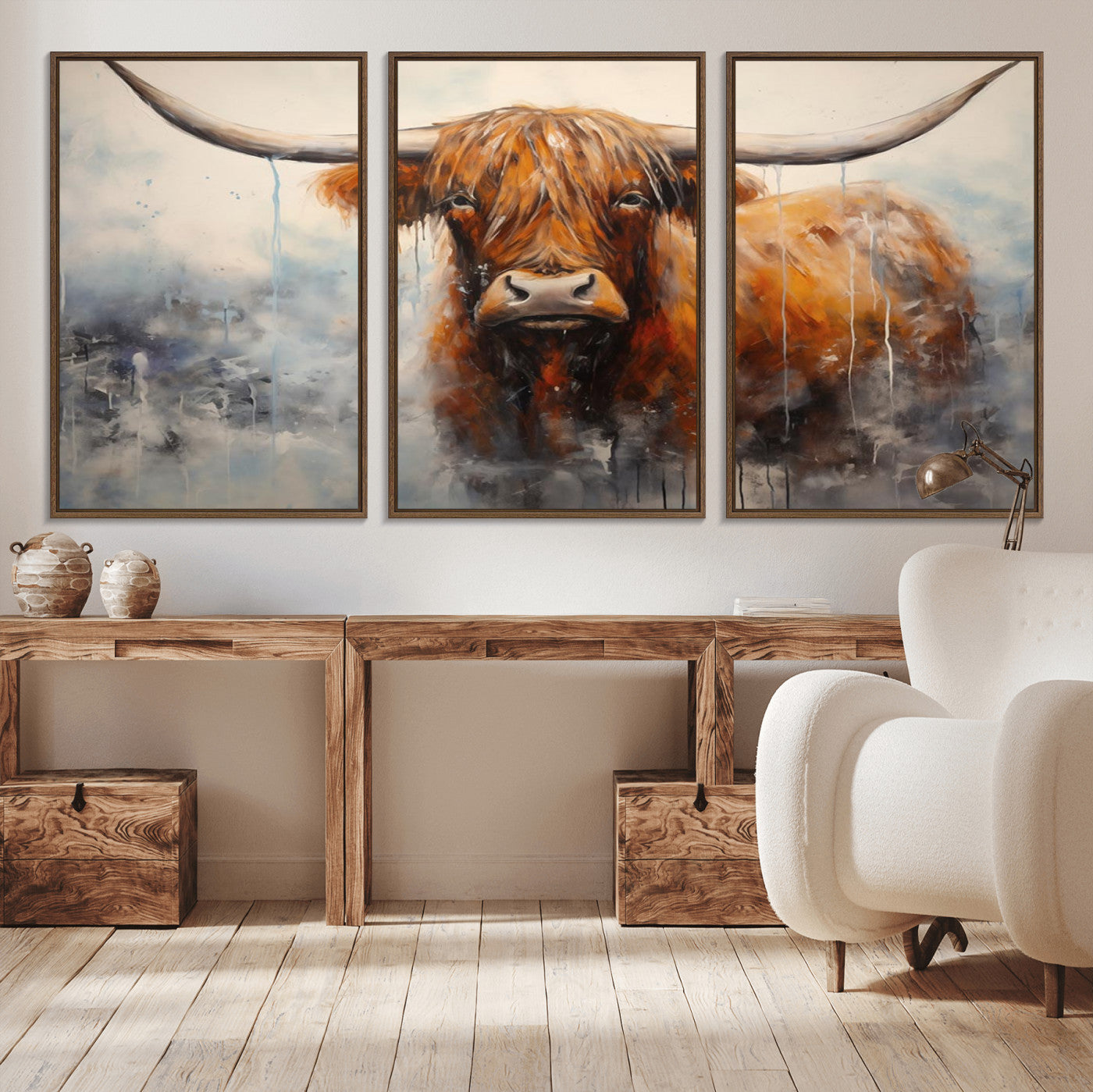 MGV-FC-60X30-3P - Scottish Highland Wall Art Canvas Print, Framed Longhorn Art Picture Print, Western Cow Perfect Farmhouse Decor Artwork
