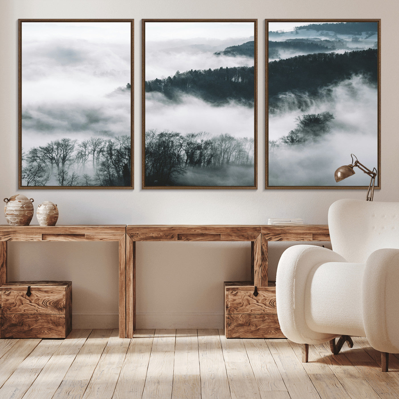 MGV-FC-60X30-3P - Foggy Forest Landscape Wall Art Canvas Print – Misty Mountain Valley Scene in Monochrome Tones,