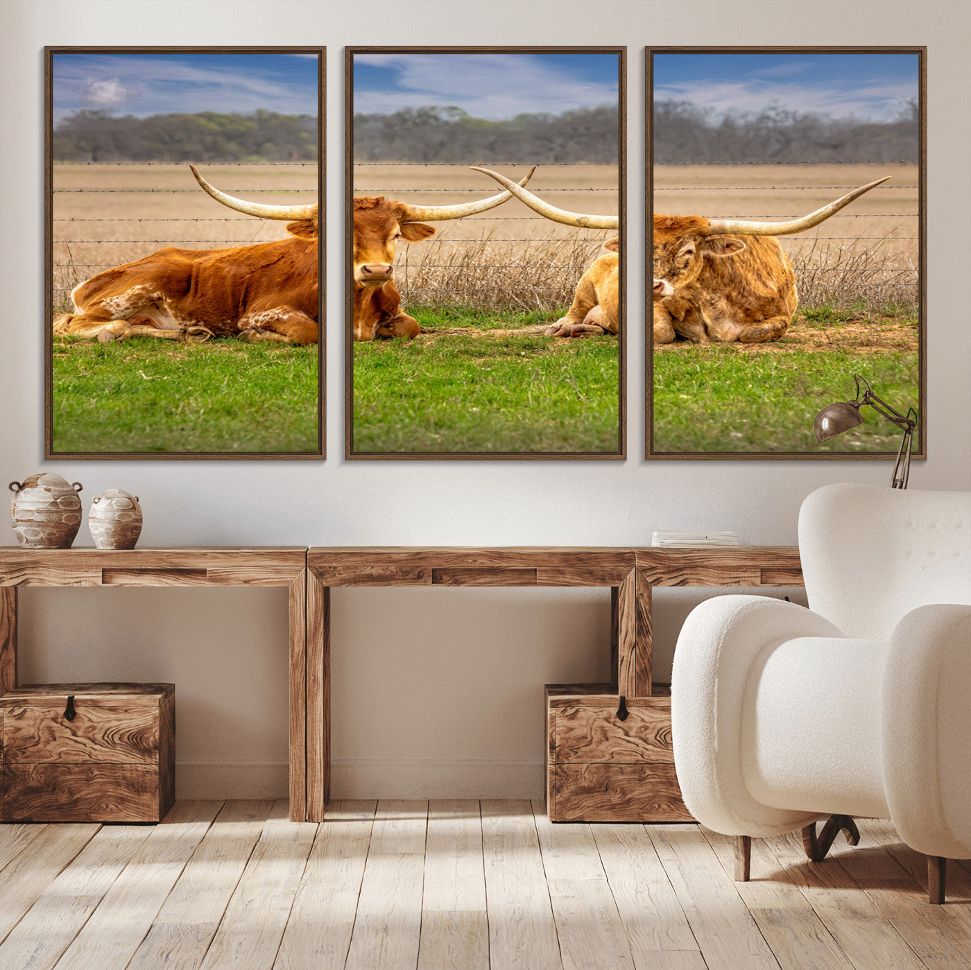 MGV-FC-60X30-3P - Texas Longhorn Pair Wall Art Canvas Print – Peaceful Rustic Ranch Scene with Two Cattle in Field,