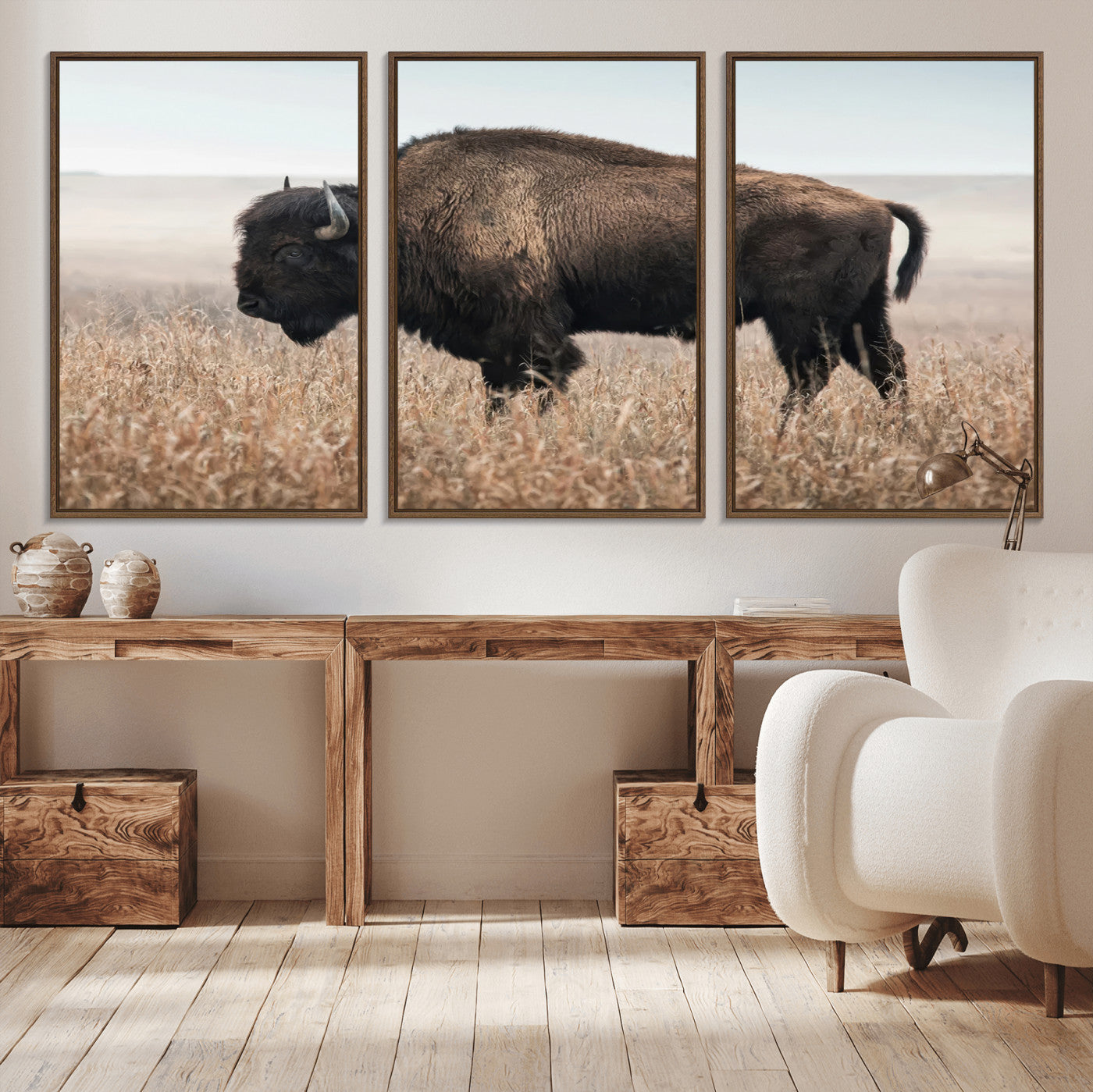 MGV-FC-60X30-3P - American Bison in Field  Wall Art Canvas Print – Powerful Winter Wildlife Scene with Buffalo in