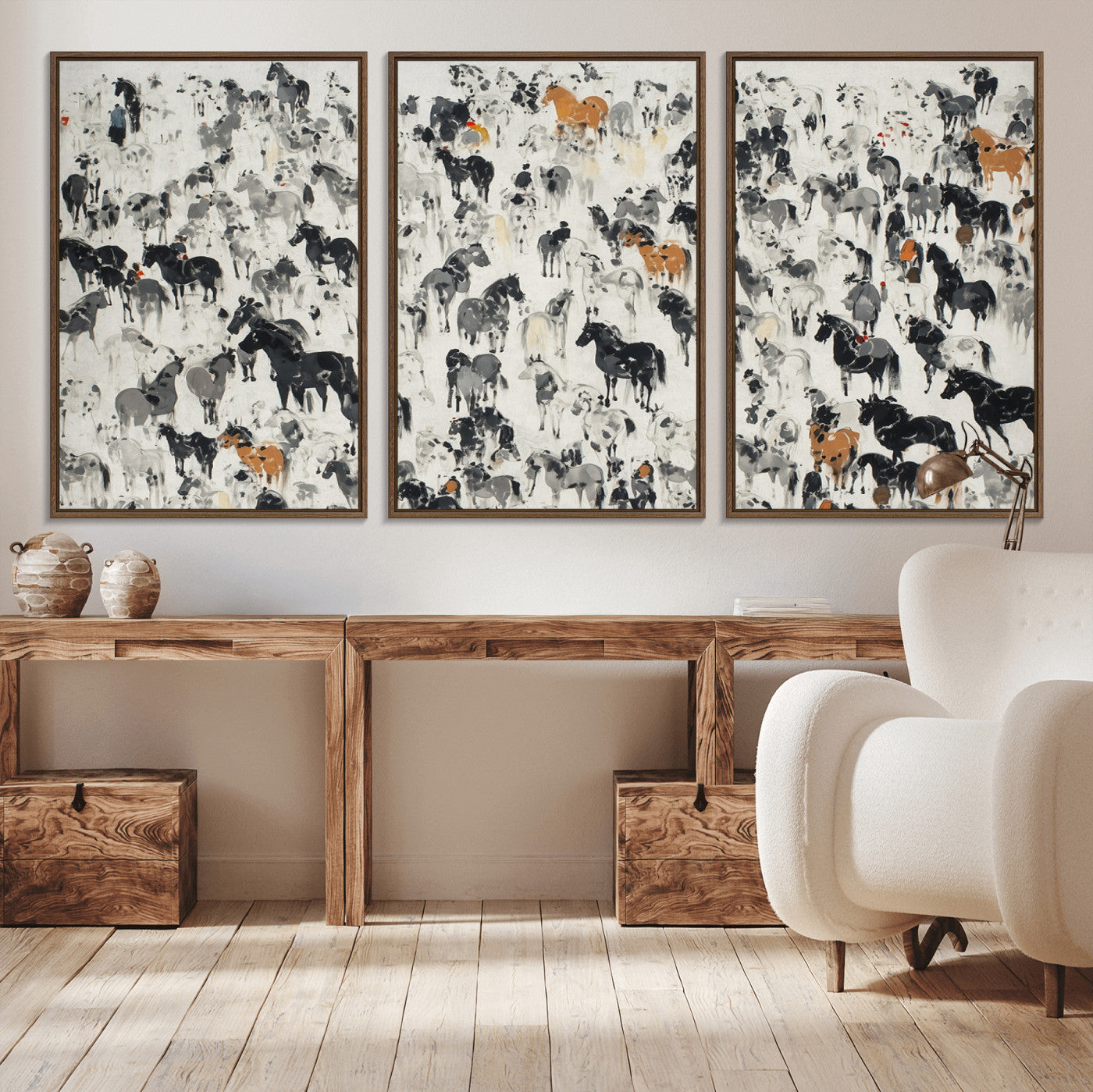 56463722-MGV-CV-36X24-Wild Horse Stampede Wall Art Canvas Print – Monochrome Running Horses Dynamic Motion Elegant Scene Artwork for Home, Office