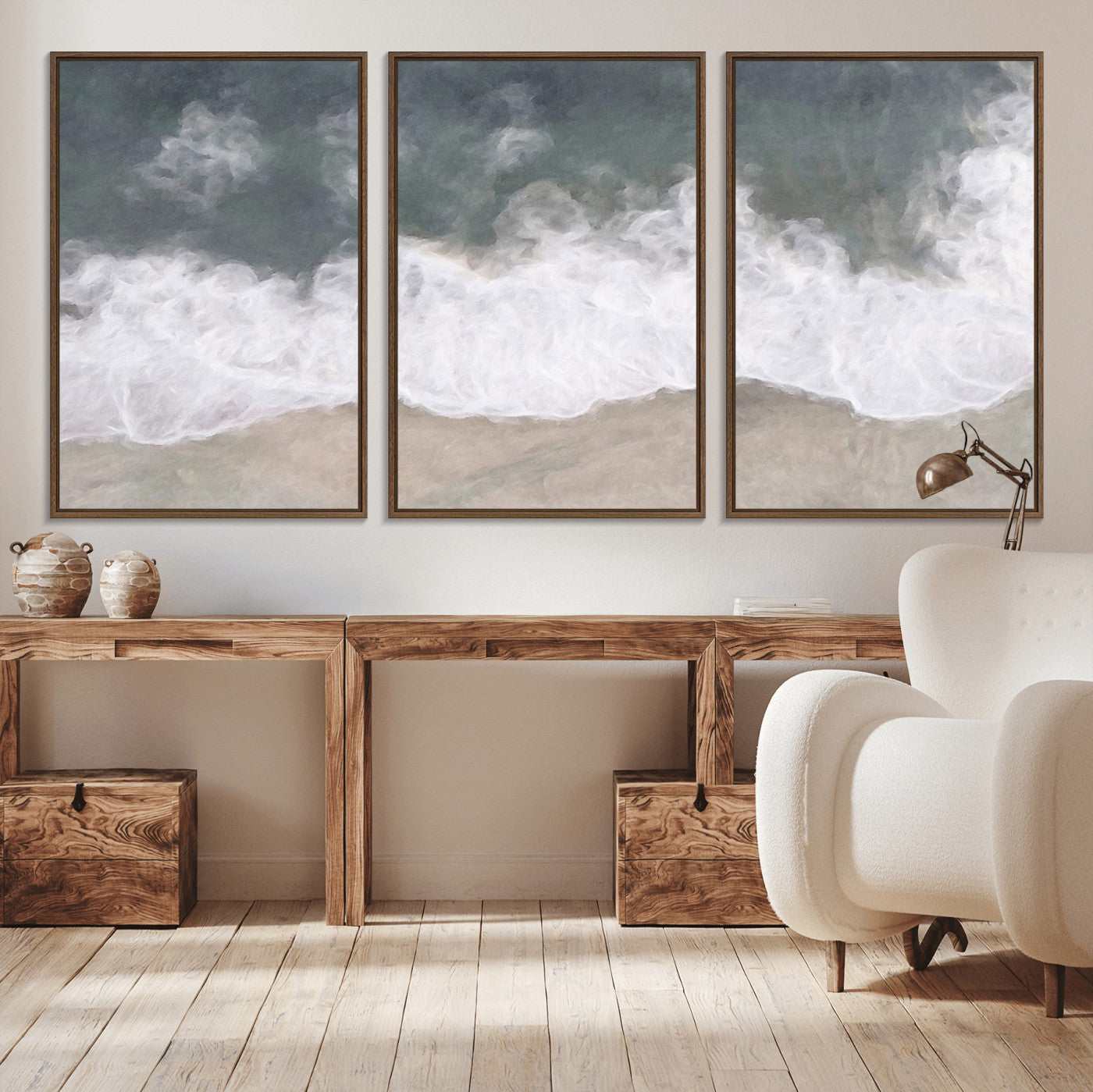 Wall art canvas print featuring foamy ocean waves softly rolling onto a sandy shore with a dreamy, painterly texture.