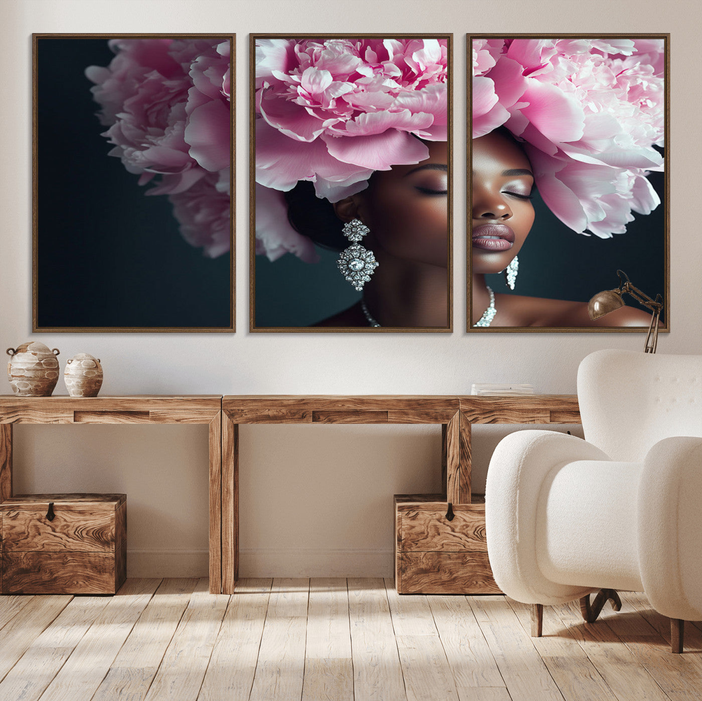 MGV-FC-60X30-3P - Black Beauty Petal Crown Wall Art Print Floral Petal Headpiece, Petal-Inspired Art, Floral Crown