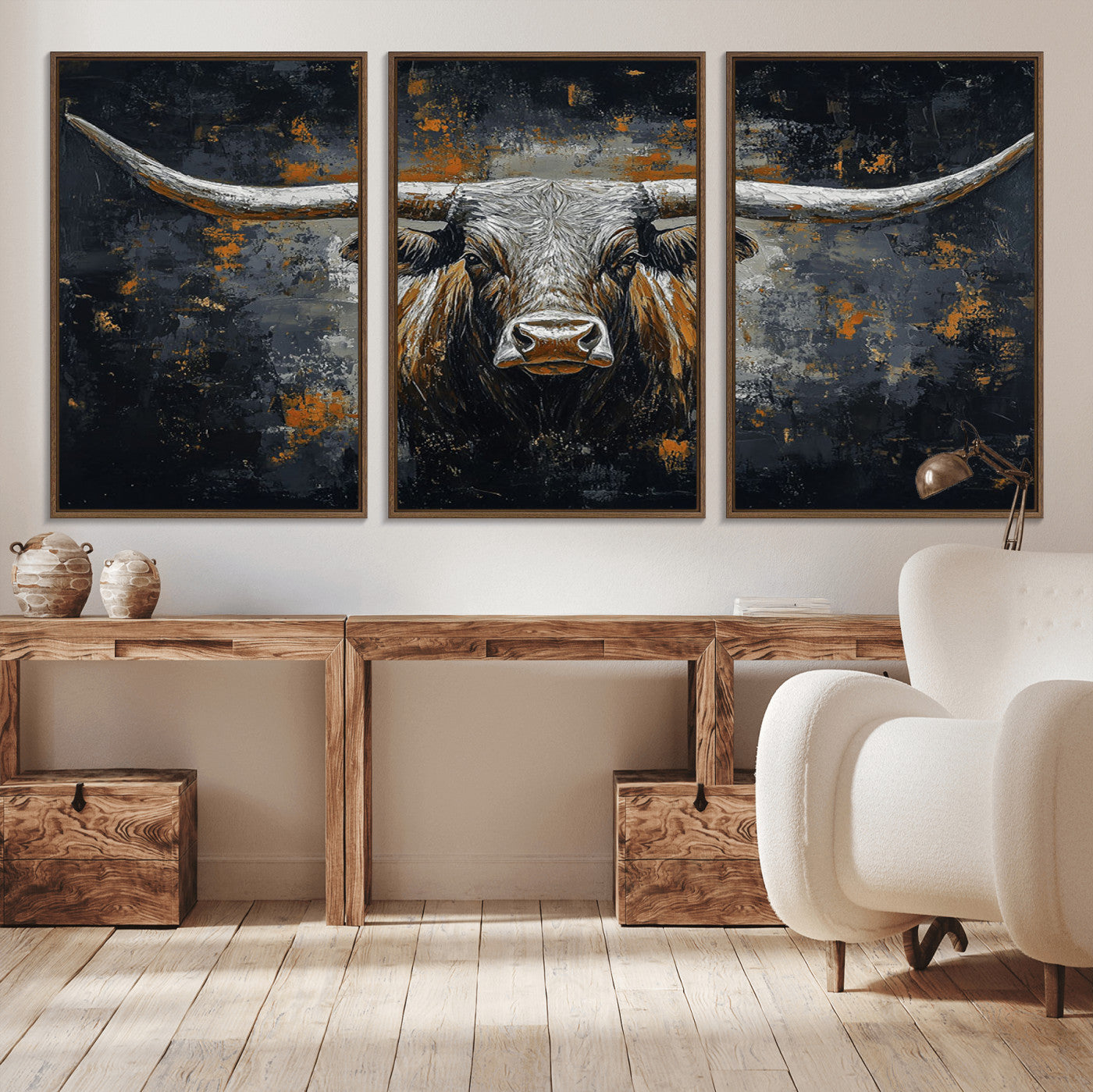 93195031-MGV-FC-60X30-3P_Walnut-Rustic Longhorn Bull Wall Art Canvas Print – Vintage Western Cattle Scene, Texas Steer Artwork for Home, Office
