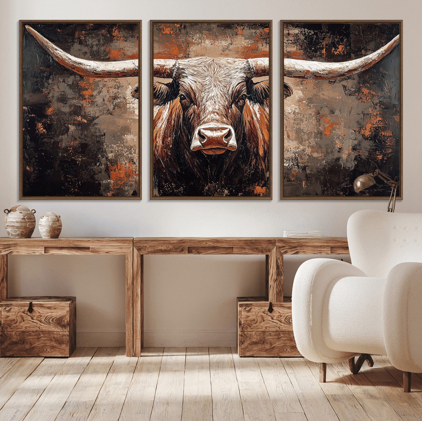 42732393-MGV-CV-36X24-Rustic Longhorn Bull Wall Art Canvas Print – Vintage Western Cattle Scene, Texas Steer Artwork for Home, Office