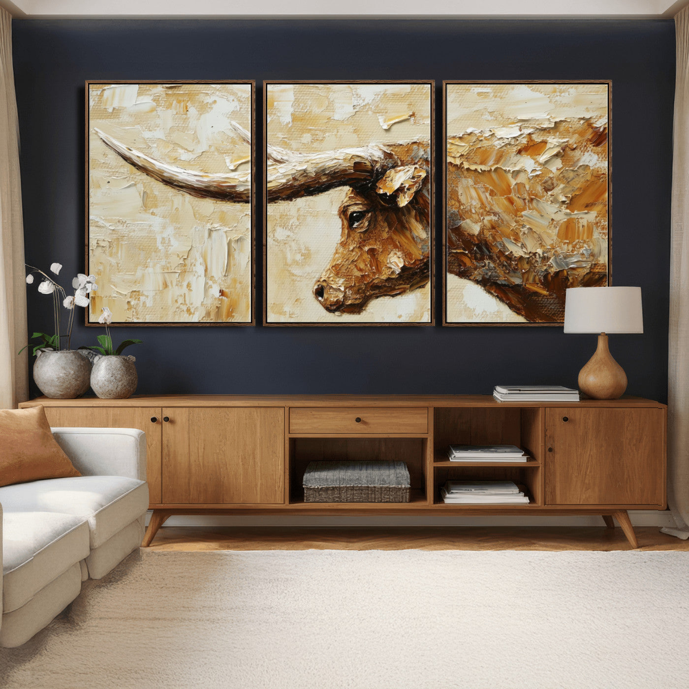 69611428-MGV-CV-36X24 - Rustic Longhorn Bull Wall Art Canvas Print – Vintage Western Cattle Painting, Texas Abstract Wall Cow Prints