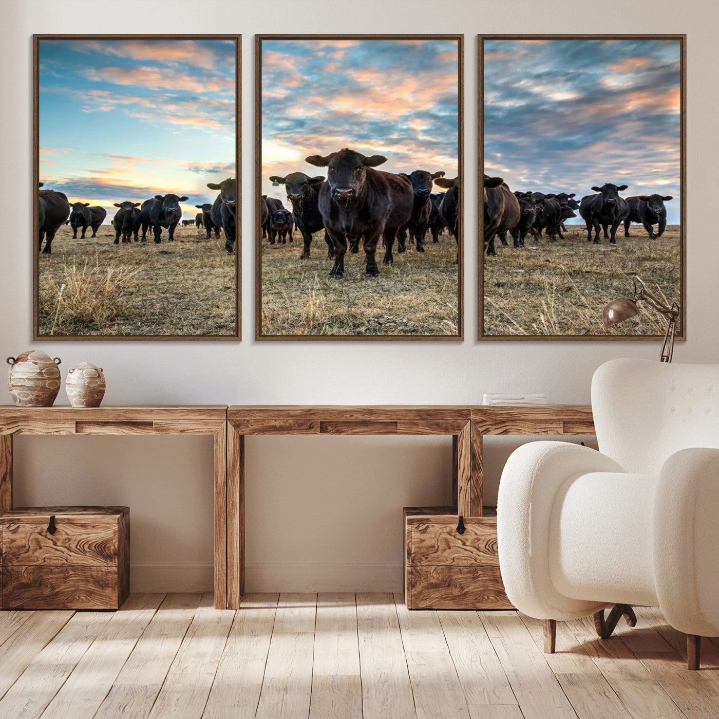 MGV-FC-60X30-3P - Texas Longhorn Cattle Wall Art Canvas Print – Rustic Western Ranch Scene with Steers at Sunset,