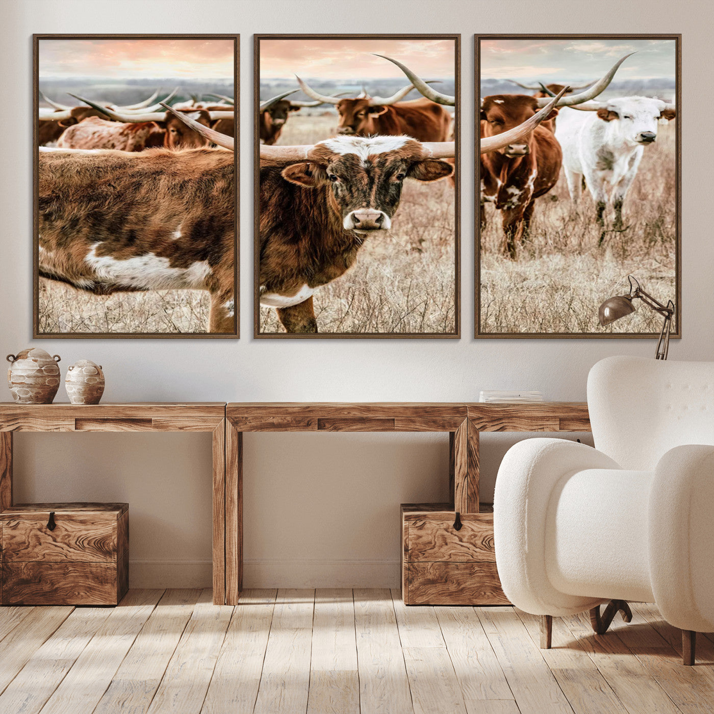 MGV-FC-60X30-3P - Texas Longhorn Cattle Wall Art Canvas Print – Rustic Western Ranch Scene with Steers at Sunset,