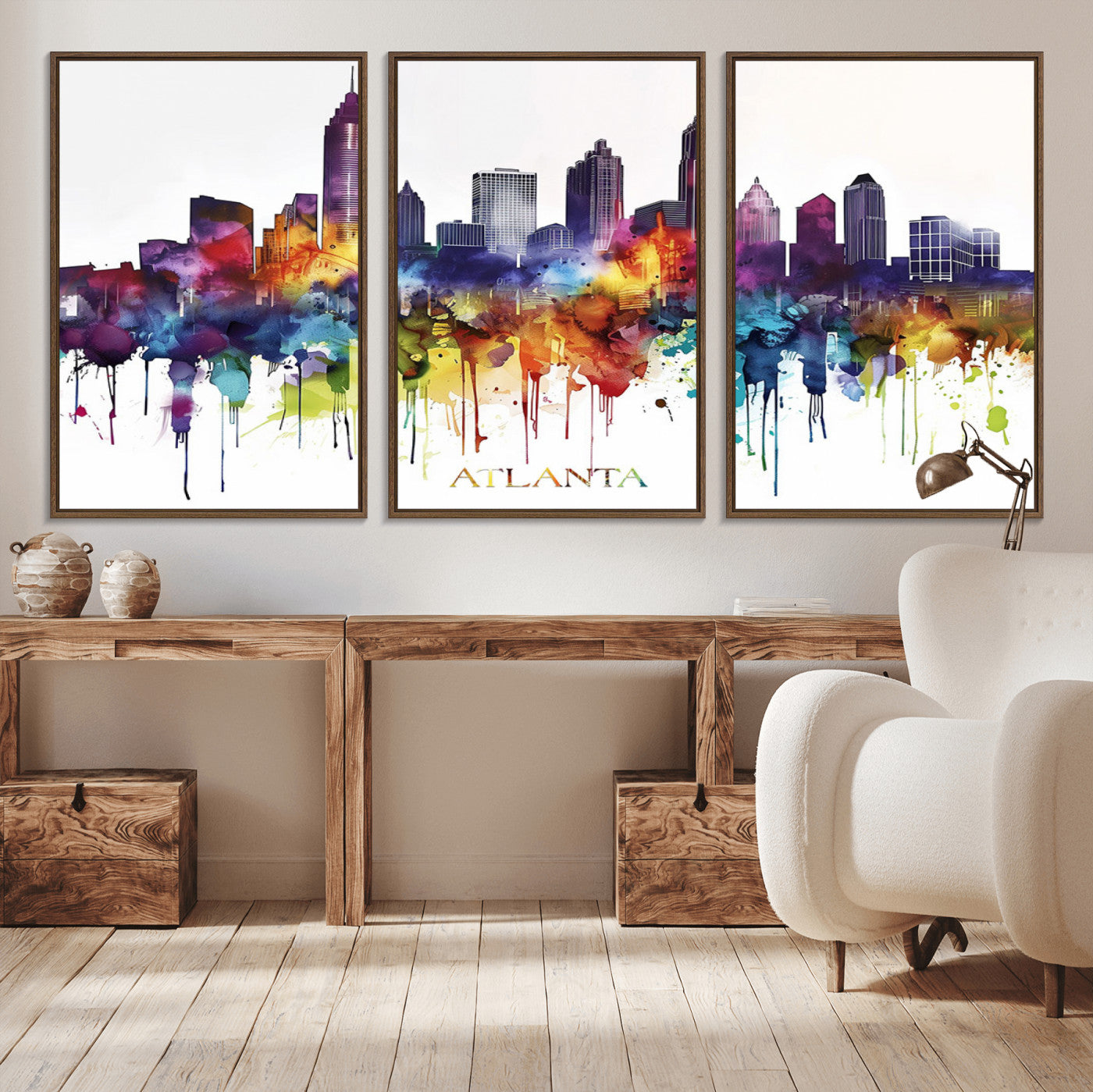 36048320-MGV-CV-36X24-Atlanta Skyline Wall Art Canvas Print – Framed Colorful Watercolor Cityscape Abstract Urban Artwork for Home, Office