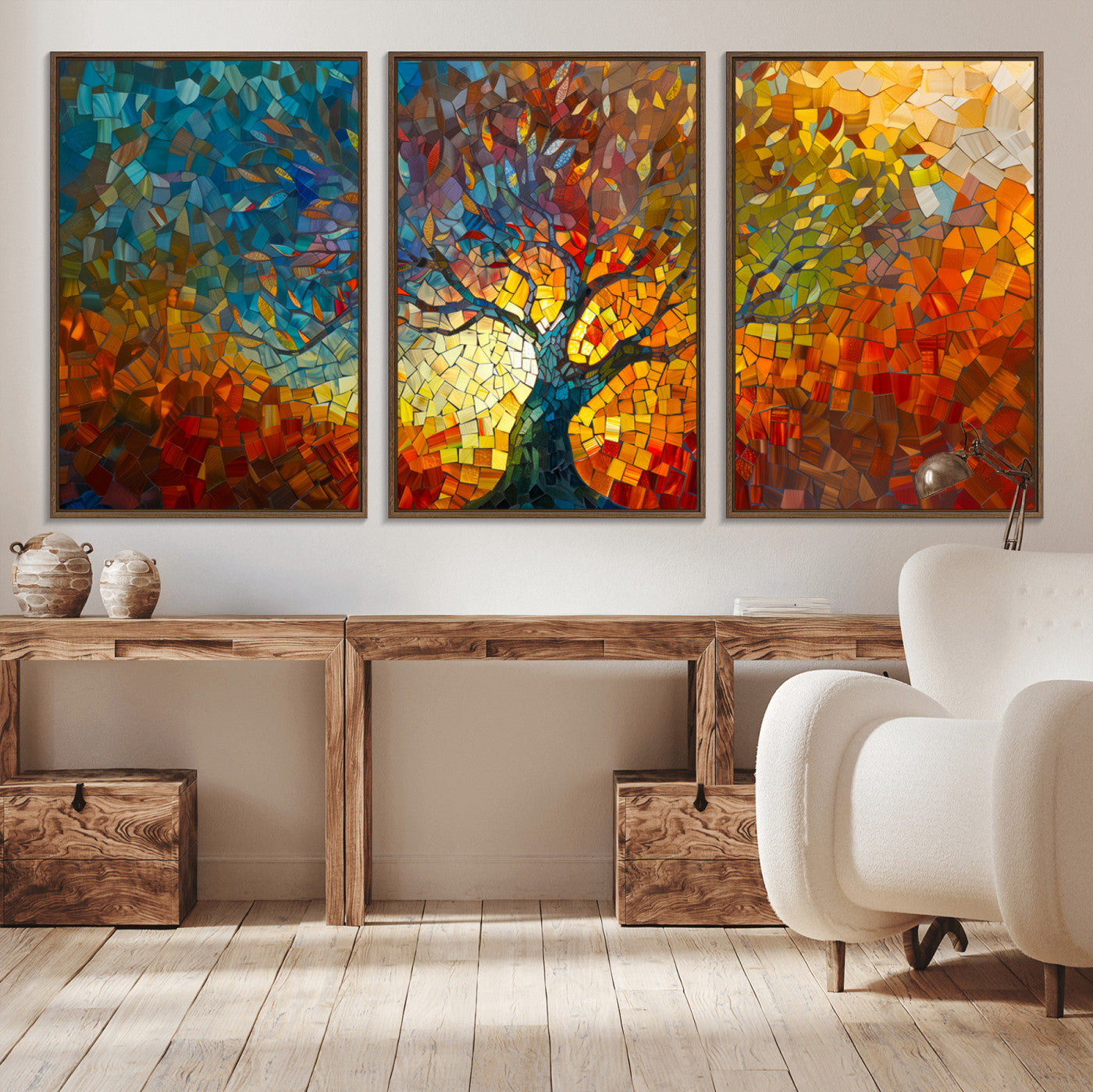 MGV-FC-60X30-3P - Yggdrasil Tree of Life Mosaic Stained Glass Wall Art Canvas, Yggdrasil Tree of Life Mosaic Canvas