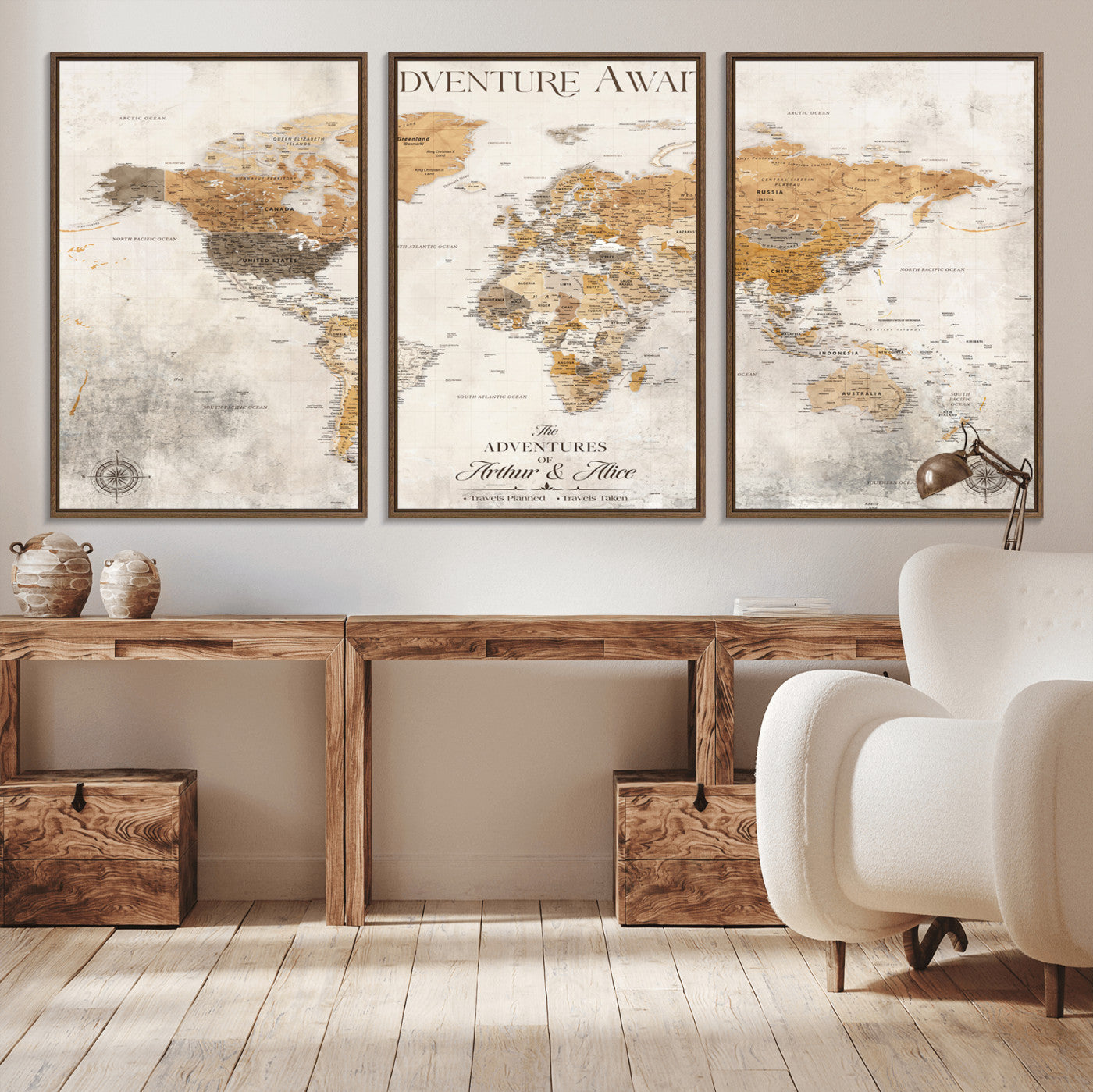 Rehber01-MGV-CV-36X24-Personalized World Map Canvas Print – Custom Push Pin Travel Map Vintage Neutral Style Gift for Couples Travelers for Home Office