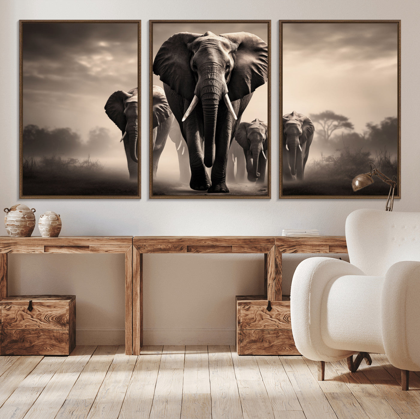 48598F10-MGV-FC-60X30-3P_Walnut-Elephant Family Wall Art Canvas Print, Framed Elephant Wall Art Home Decor
