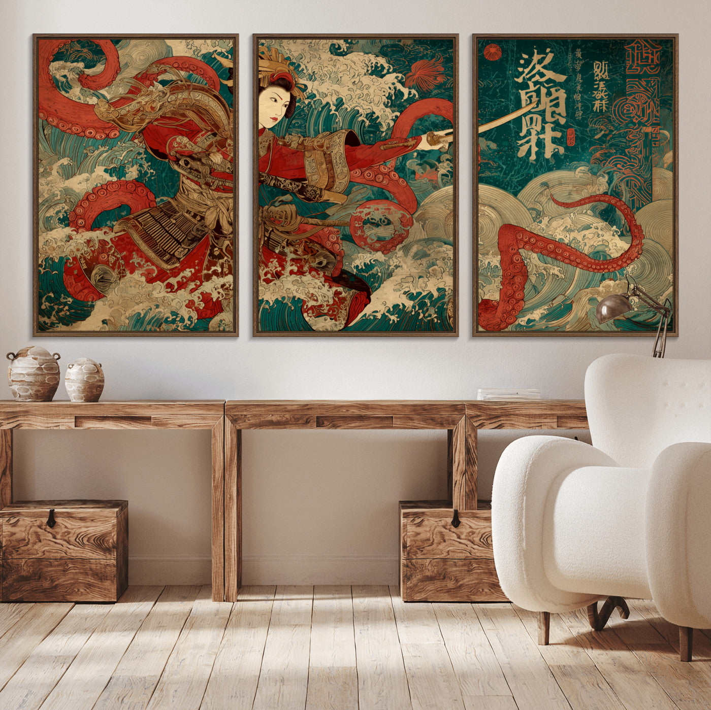 MGV-FC-60X30-3P - Tsukioka Yoshitoshi Samurai Wall Art Print, Japanese Katana Warrior Canvas Wall Art, Octopus Sea Monster Canvas Print,