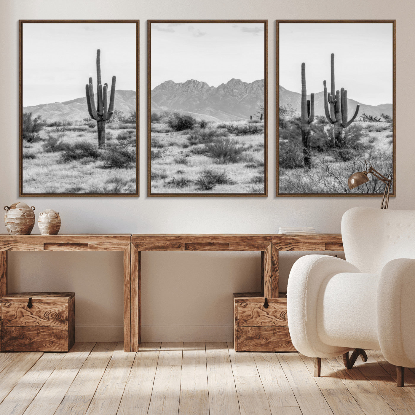 MGV-FC-60X30-3P - Black White Arizona Desert Canvas Wall Art Cactus Farmhouse Wall Art