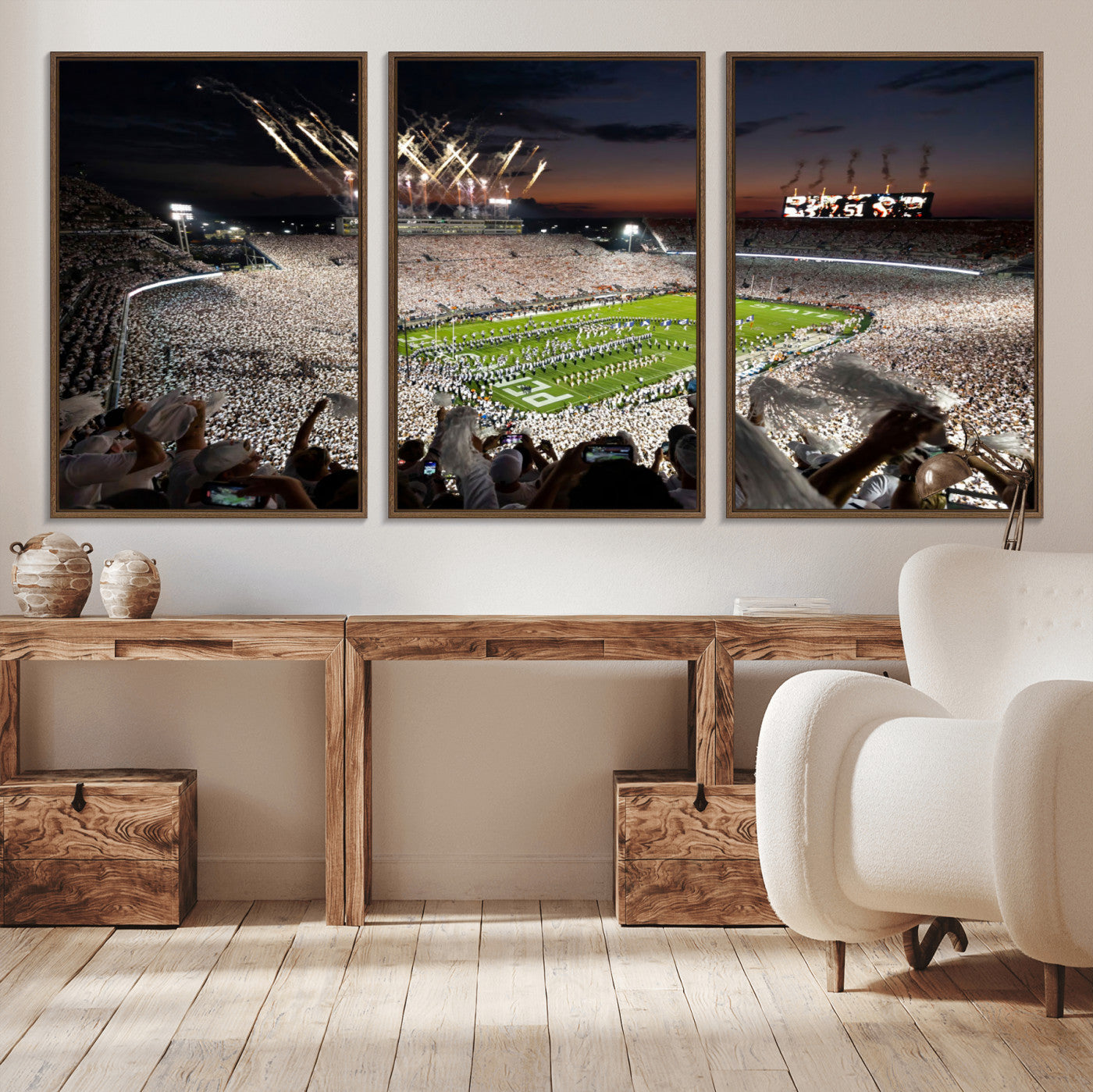 MGV-FC-60X30-3P - Penn State Stadium Wall Art Print, White Out Football Game Canvas Wall Art, Framed Sports Stadium,