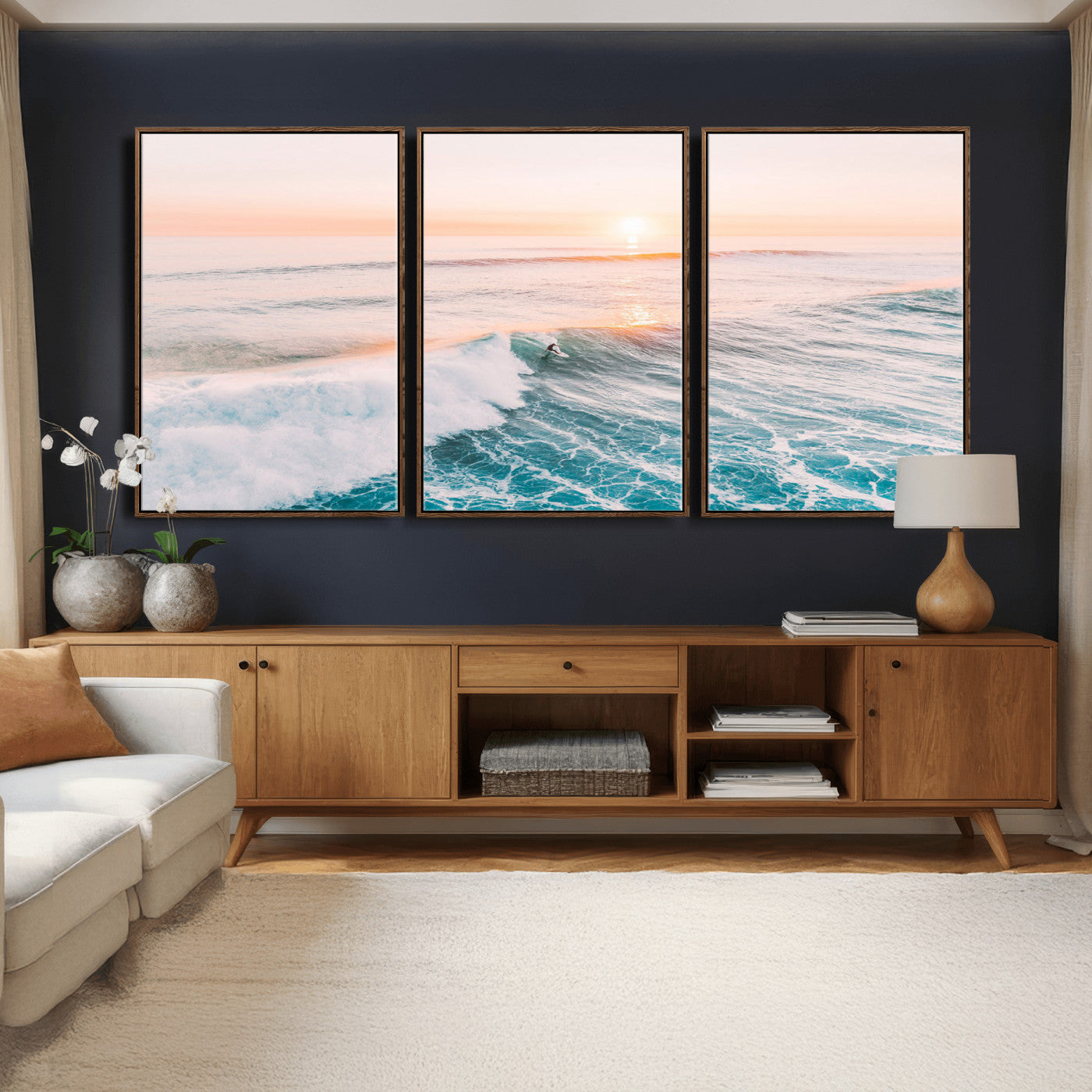 34064591-MGV-CV-36X24 - Sunset Surfing Wall Art Canvas Print, Ocean Wave Surfer with Golden Sky Artwork for Home, Office, Living Room