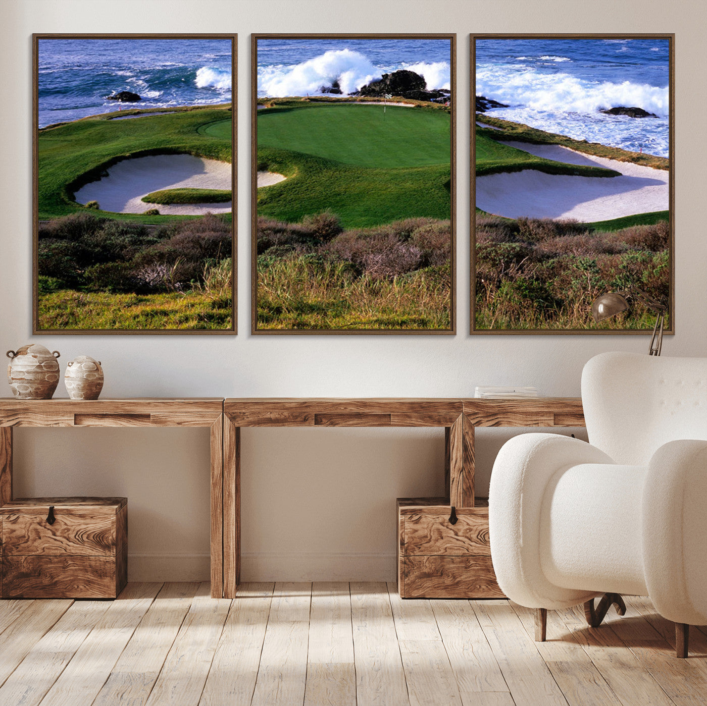 22776914-MGV-CV-36X24-Ocean Cliff Golf Green Canvas Print – Framed Majestic Coastal Scene with Lush Green Artwork for Home, Office