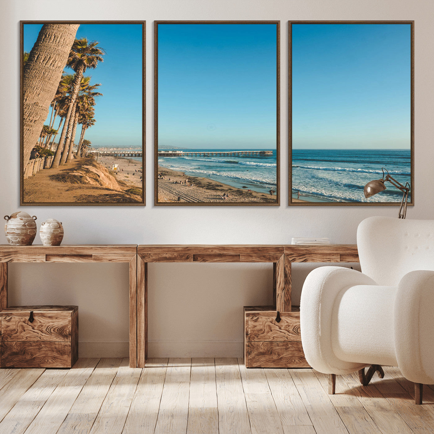 MGV-FC-60X30-3P - Scenic Beach with Tall Palm Trees, Sandy Shore, and Long Pier Stretching into the Calm Ocean Under