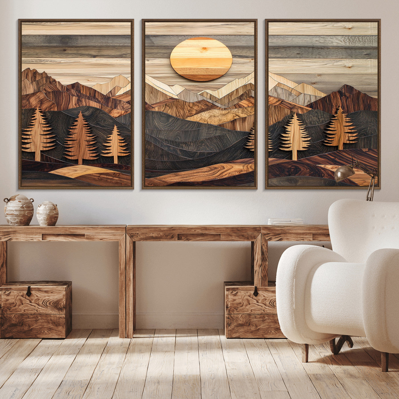 19832326-MGV-FC-60X30-3P - Wooden Mountain Landscape Layered Texture Geometric Shapes Sun Pine Trees Rustic Natural Tones Art