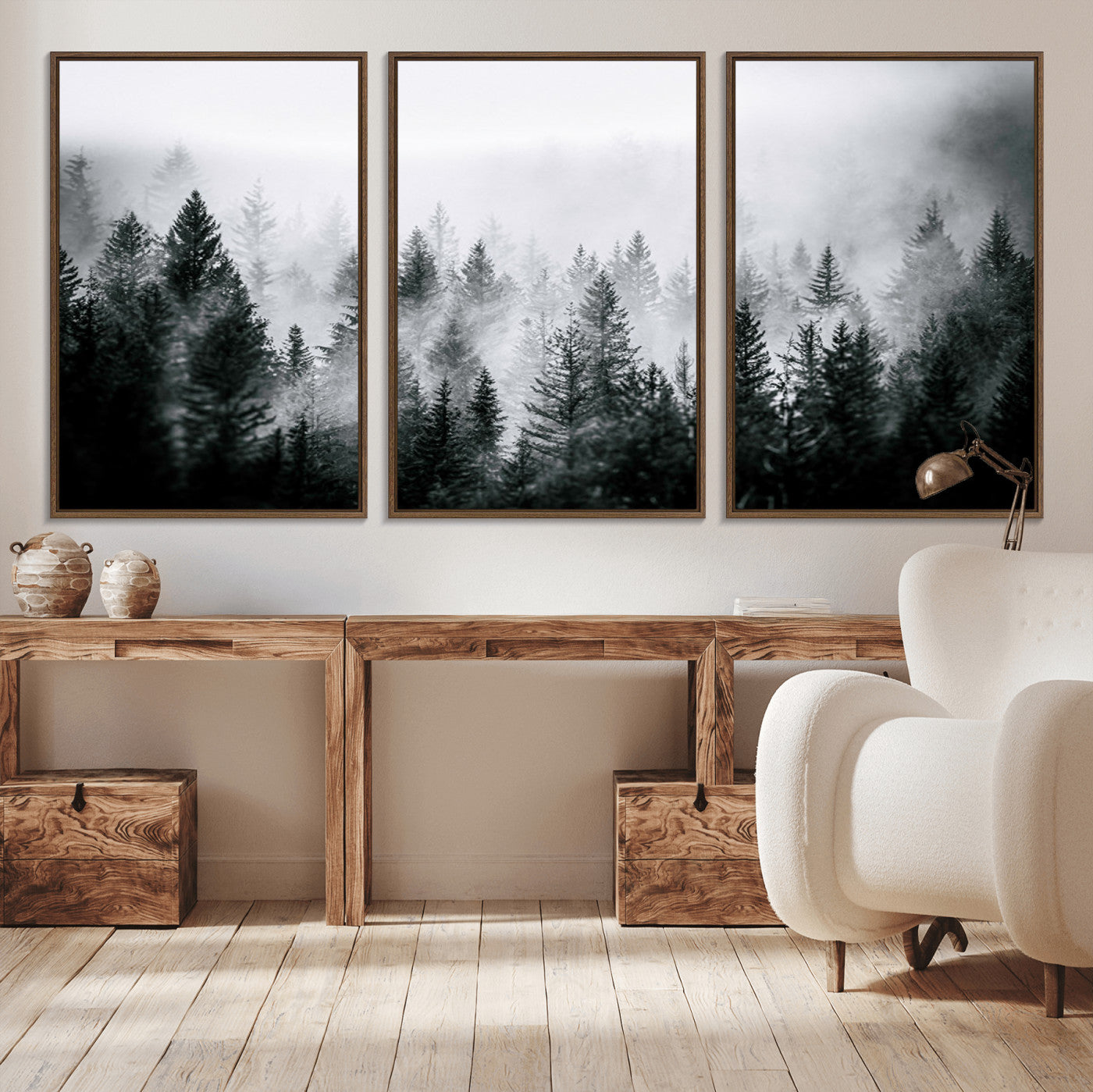 MGV-FC-60X30-3P - Foggy Pine Forest Canvas Wall Art – Black and White Nature Landscape Print, Horizontal Canvas for