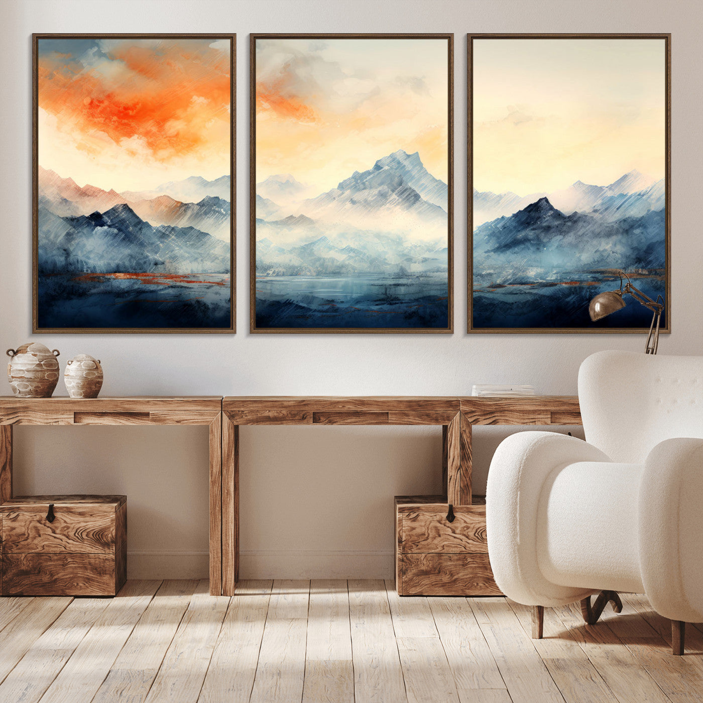 WRM1005-MGV-FC-60X30-3P - Warm Clouds Abstract Mountain Wall Art, Modern Landscape Canvas Print, Minimal Framed Artwork for Home, Office