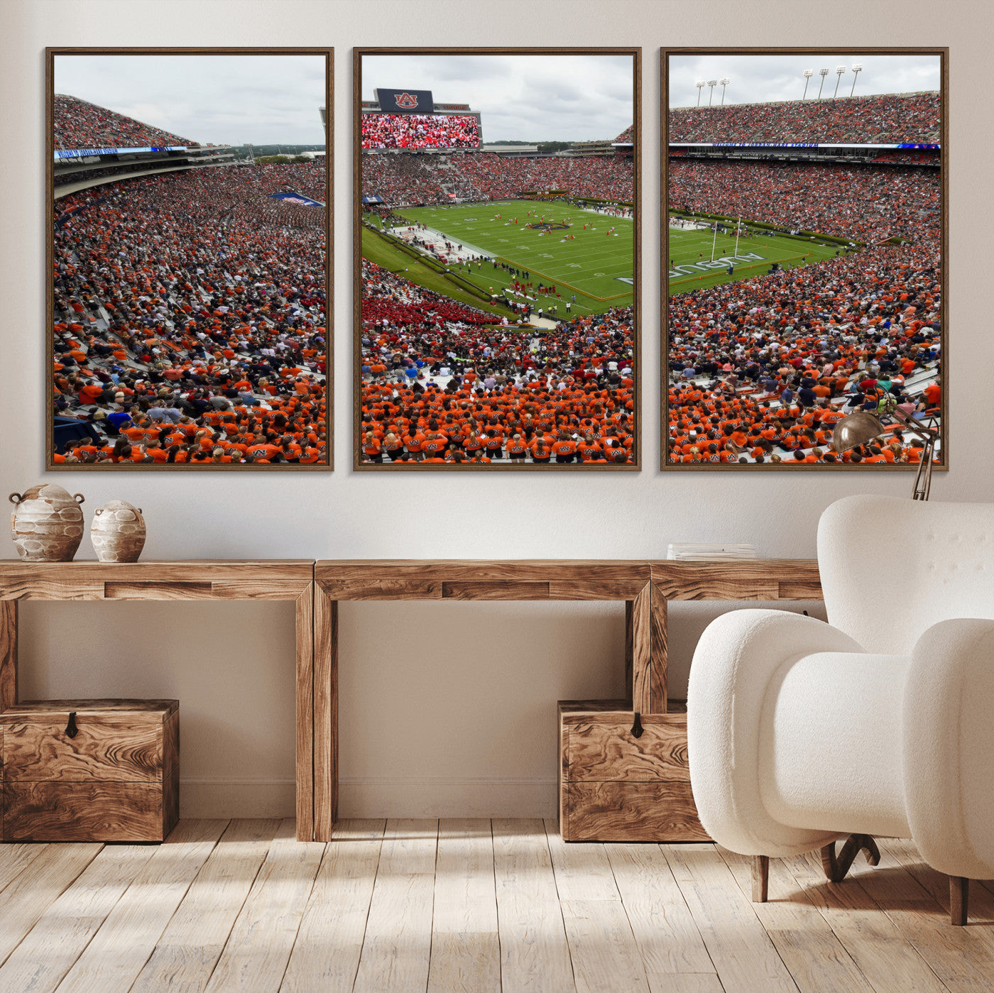 39597998-MGV-FC-60X30-3P_Walnut-Jordan-Hare Stadium Wall Art Canvas Print, College Sports Art for Man Cave or Game Room, Framed Alabama Football Decor