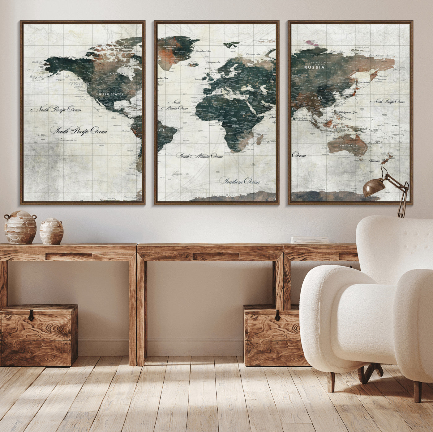 90149079-MGV-FC-60X30-3P - World Map Wall Art Canvas Print, Modern Decorative Framed Map Artwork Prints for Living Room, Office, Bedroom Wall Decor