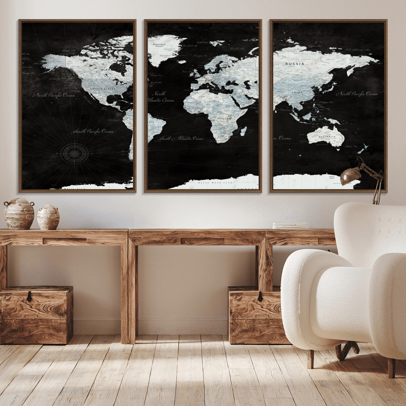 30759283-MGV-FC-60X30-3P - World Map Wall Art Canvas Print, Modern Decorative Framed Map Artwork Prints for Living Room, Office, Bedroom Wall Decor