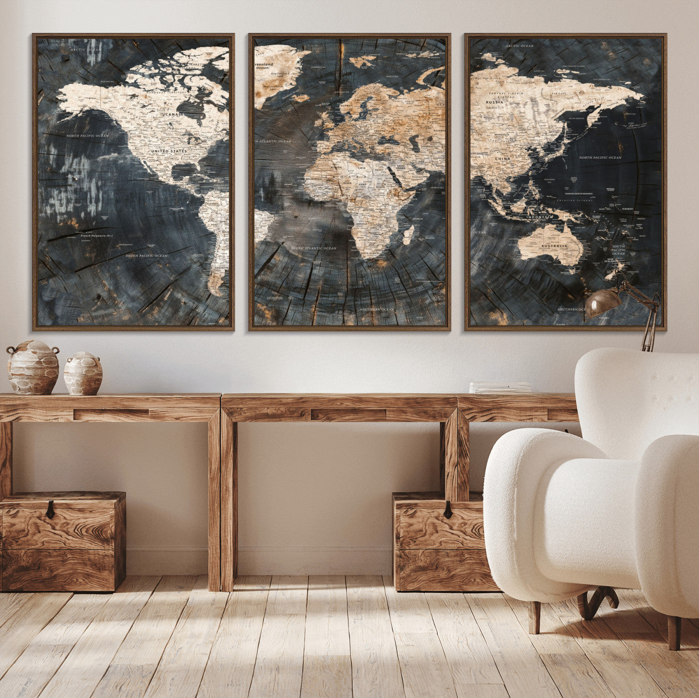 57626704-MGV-FC-60X30-3P - World Map Wall Art Canvas Print, Modern Decorative Framed Map Artwork Prints for Living Room, Office, Bedroom Wall Decor