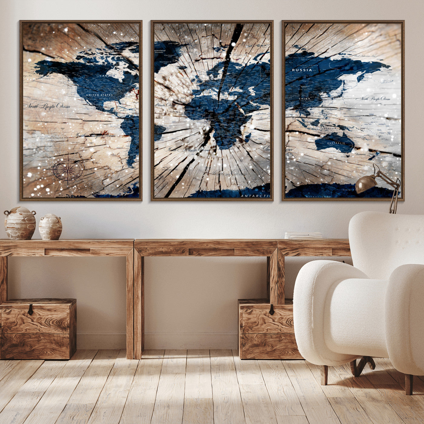 99001695-MGV-FC-60X30-3P - World Map Wall Art Canvas Print, Modern Decorative Framed Map Artwork Prints for Living Room, Office, Bedroom Wall Decor