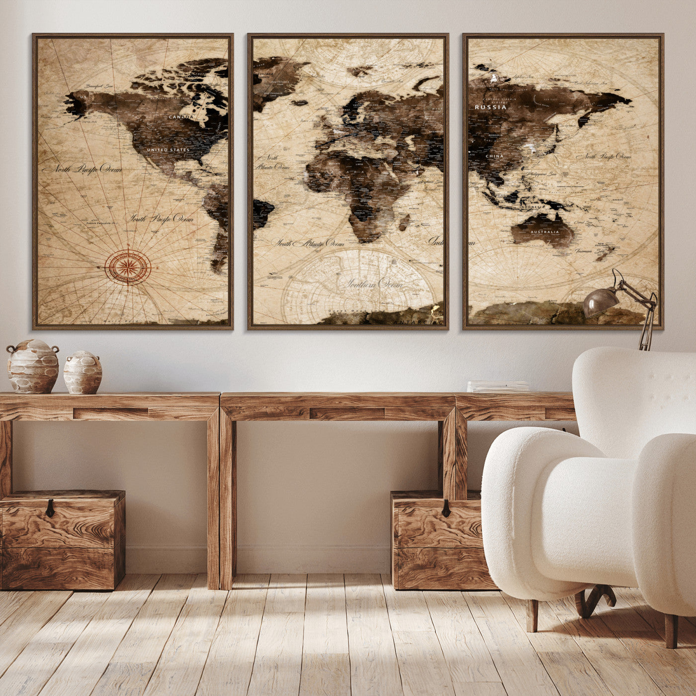 97114757-MGV-FC-60X30-3P - Vintage World Map Wall Art Canvas Print, Modern Decorative Framed Map Artwork Prints for Living Room, Office, Bedroom Wall Decor