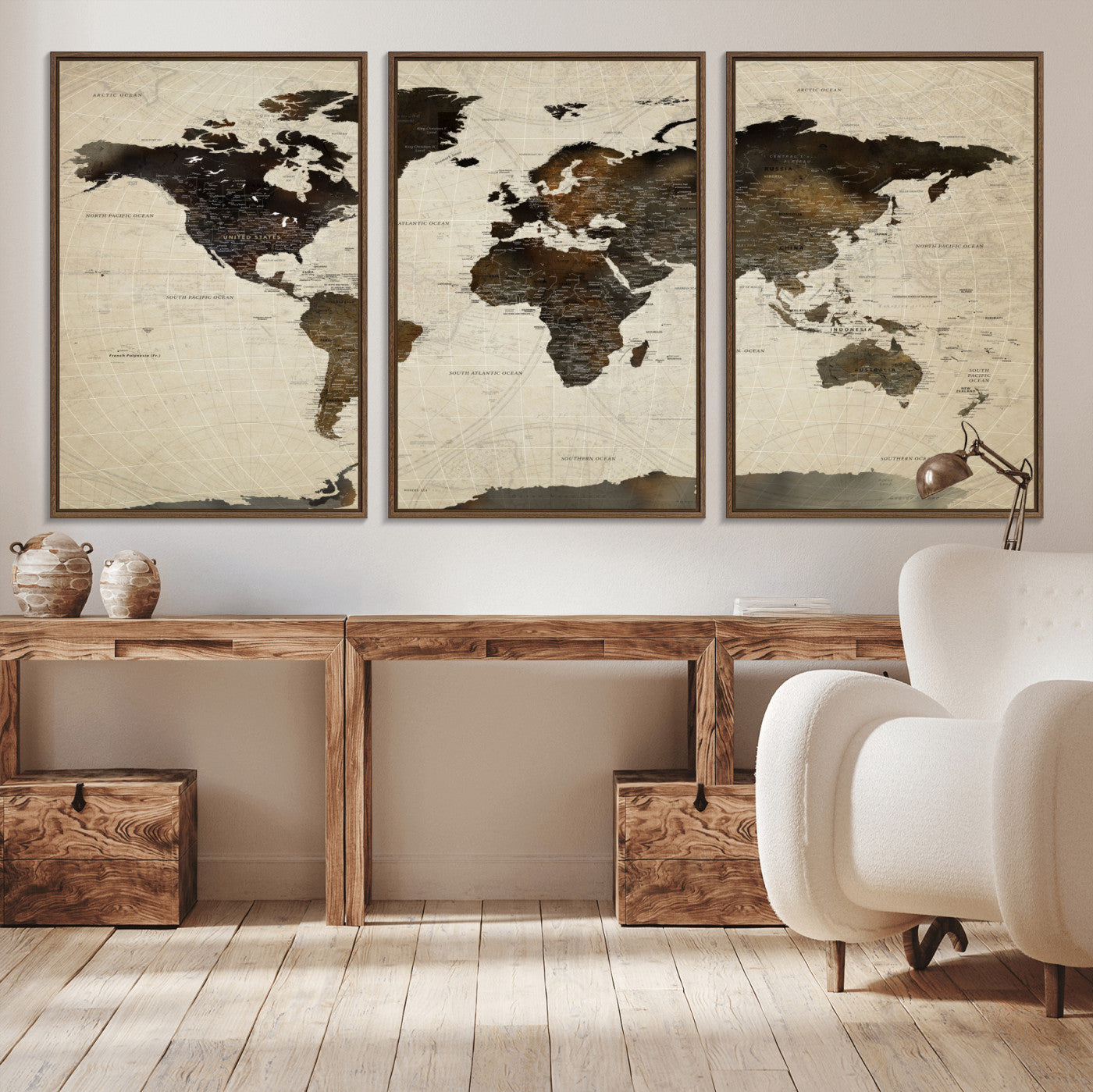 81771296-MGV-FC-60X30-3P - World Map Wall Art Canvas Print, Modern Decorative Framed Map Artwork Prints for Living Room, Office, Bedroom Wall Decor