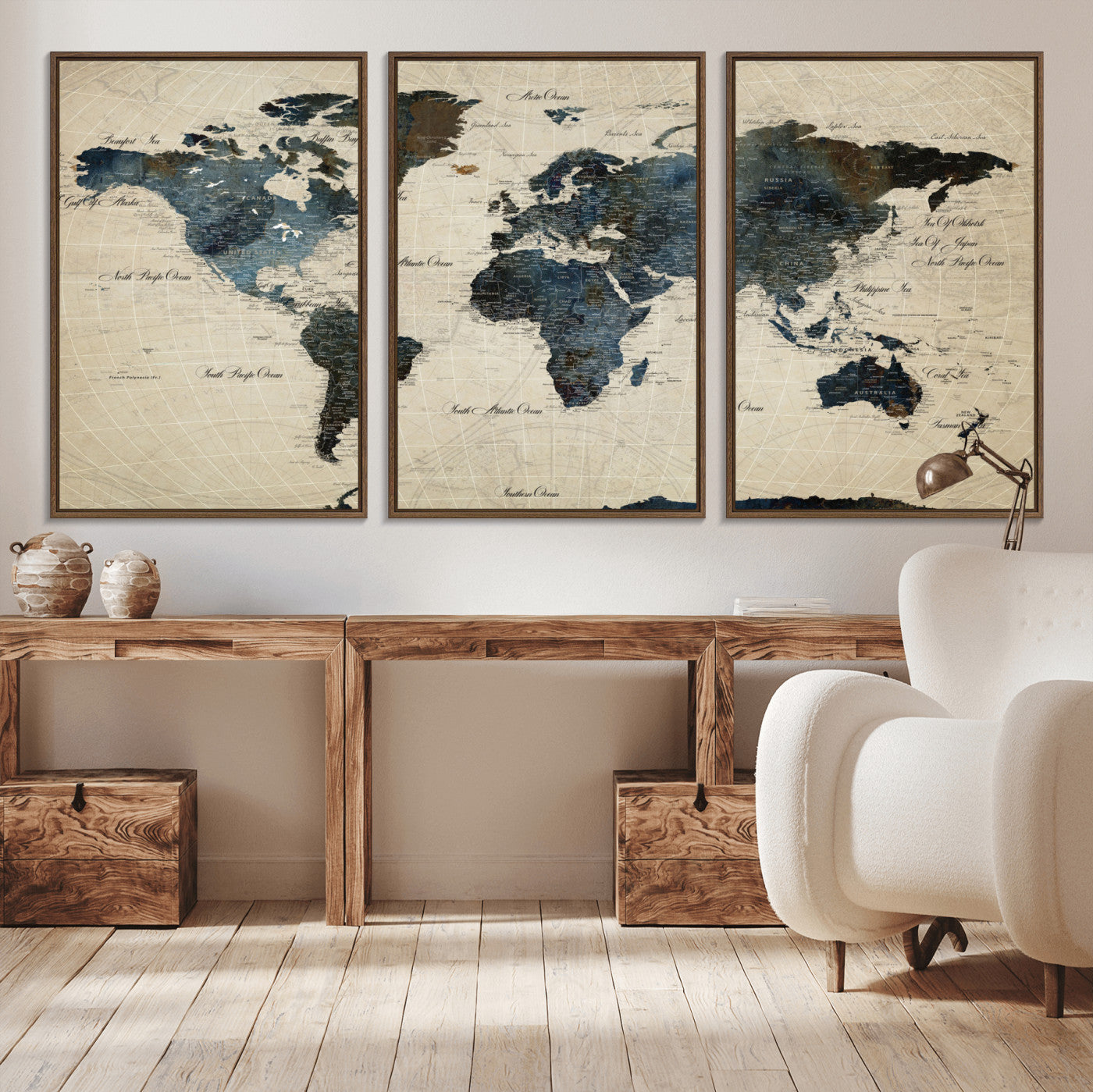 33438443-MGV-FC-60X30-3P - World Map Wall Art Canvas Print, Modern Decorative Framed Map Artwork Prints for Living Room, Office, Bedroom Wall Decor