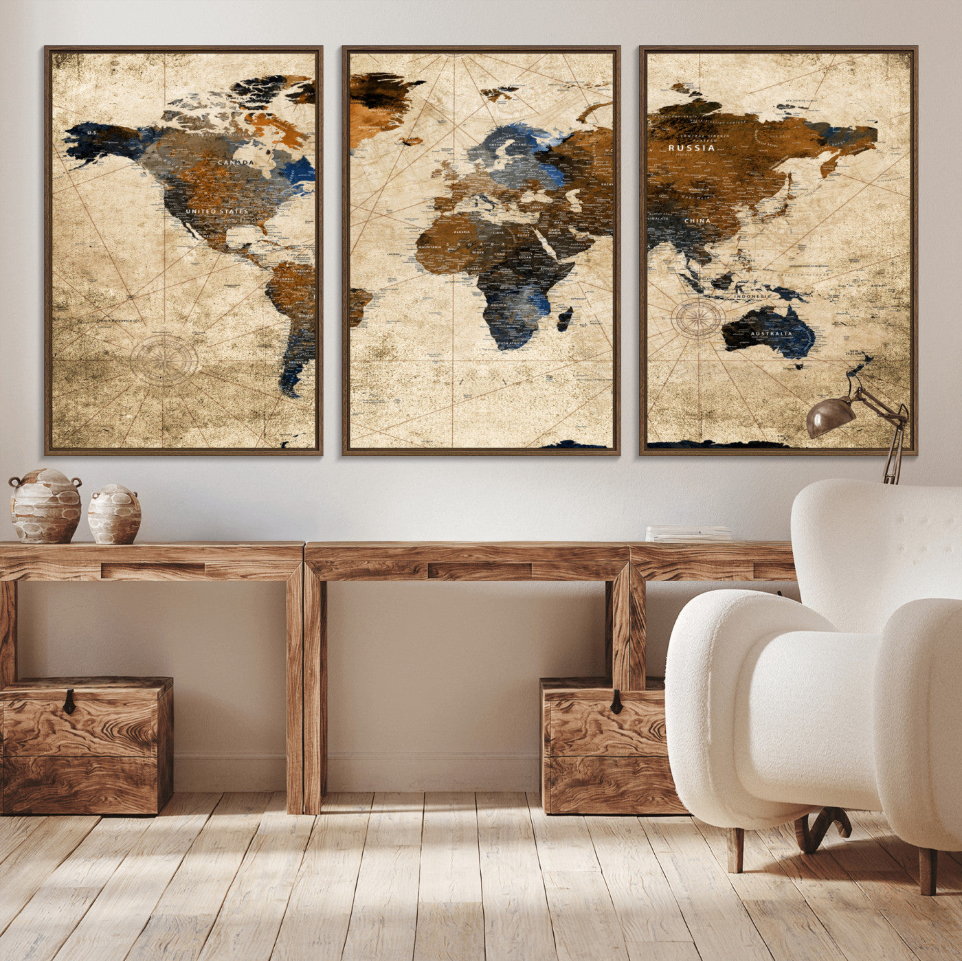 56297284-MGV-FC-60X30-3P - World Map Wall Art Canvas Print, Modern Decorative Framed Map Artwork Prints for Living Room, Office, Bedroom Wall Decor
