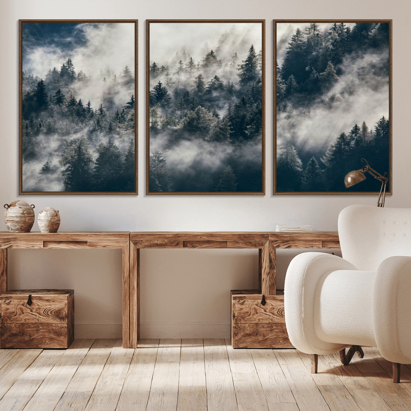 270372951-MGV-FC-60X30-3P - Misty Pine Forest Canvas Wall Art – Dark Forest Mountaing and Nature Landscape Print, Horizontal Canvas Print