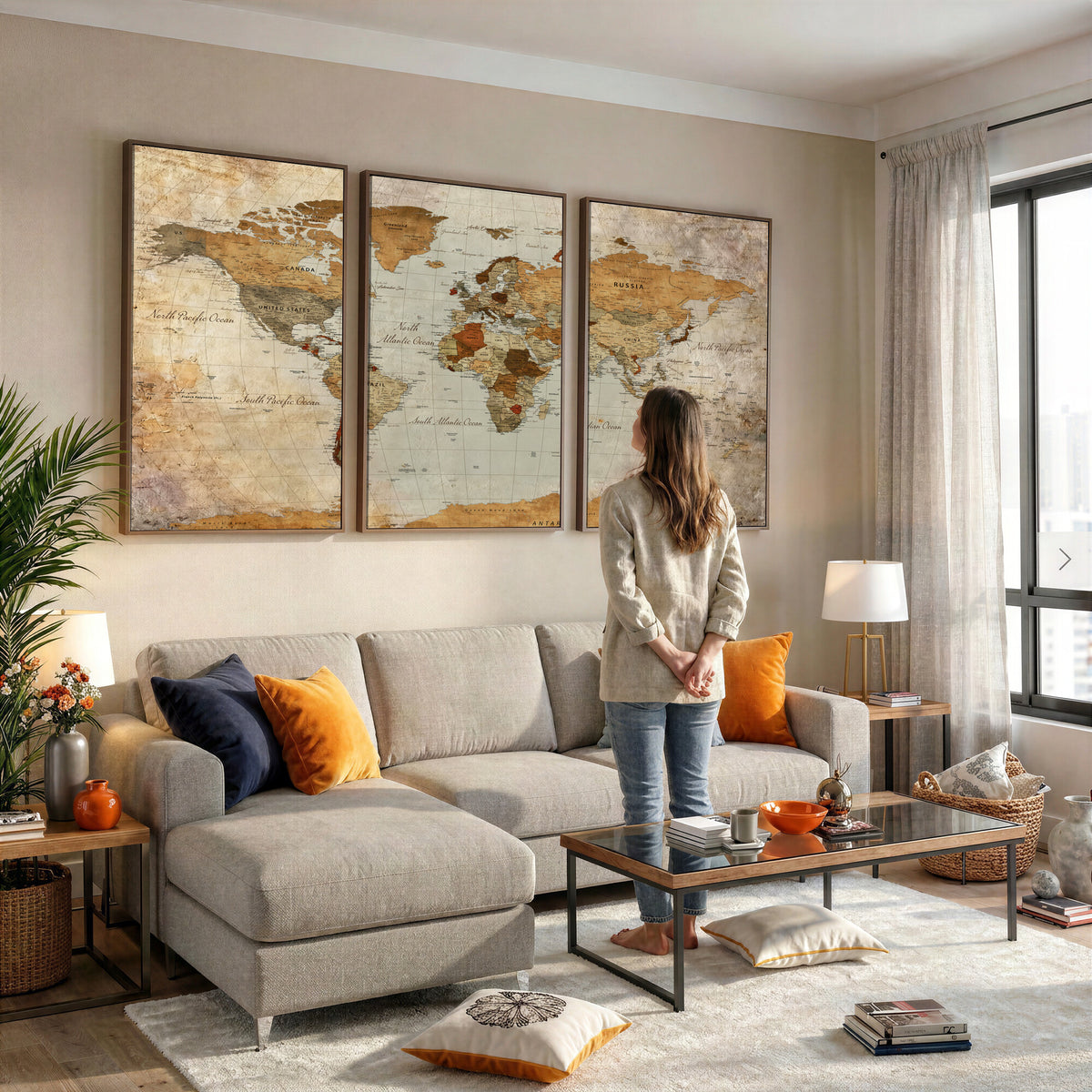 74176056-MGV-CV-36X24 - World Map Wall Art Canvas Print, Modern Decorative Framed Map Artwork Prints for Living Room, Office, Bedroom Wall Decor
