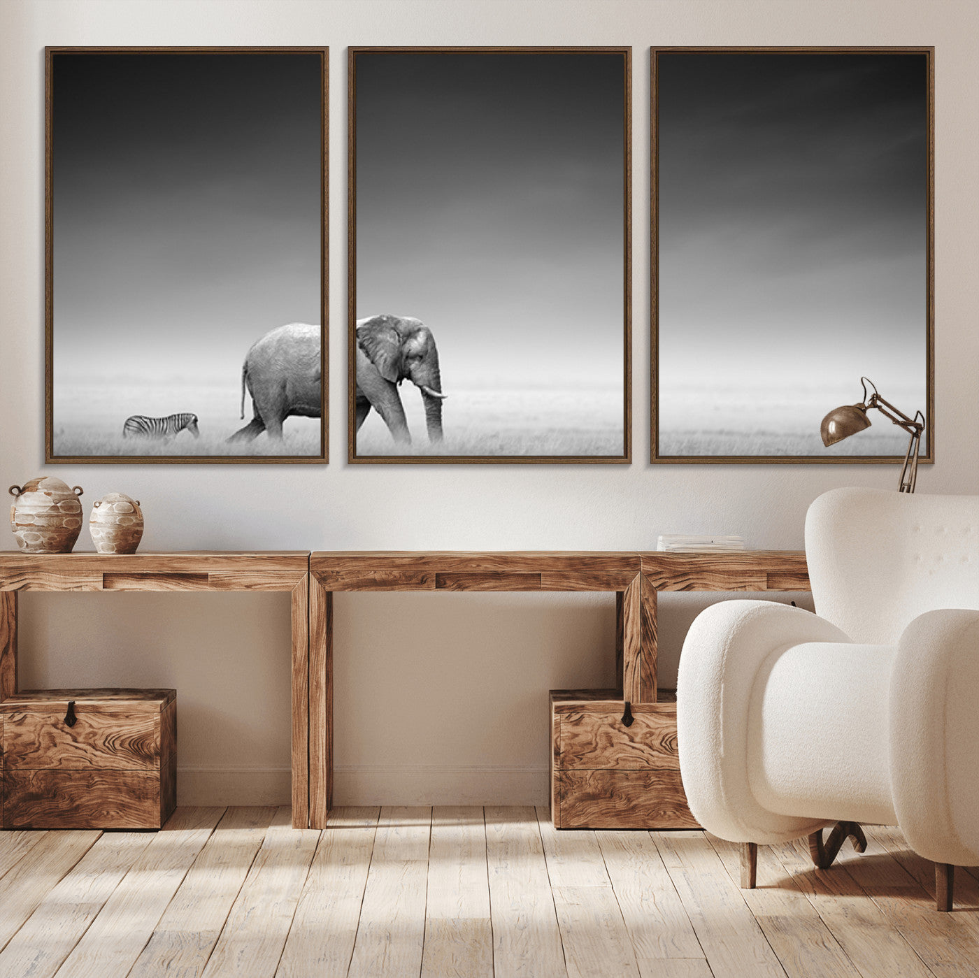 87639-MGV-CV-36X24-Elephand and Zebra Wall Art Canvas Print, Modern Artwork
