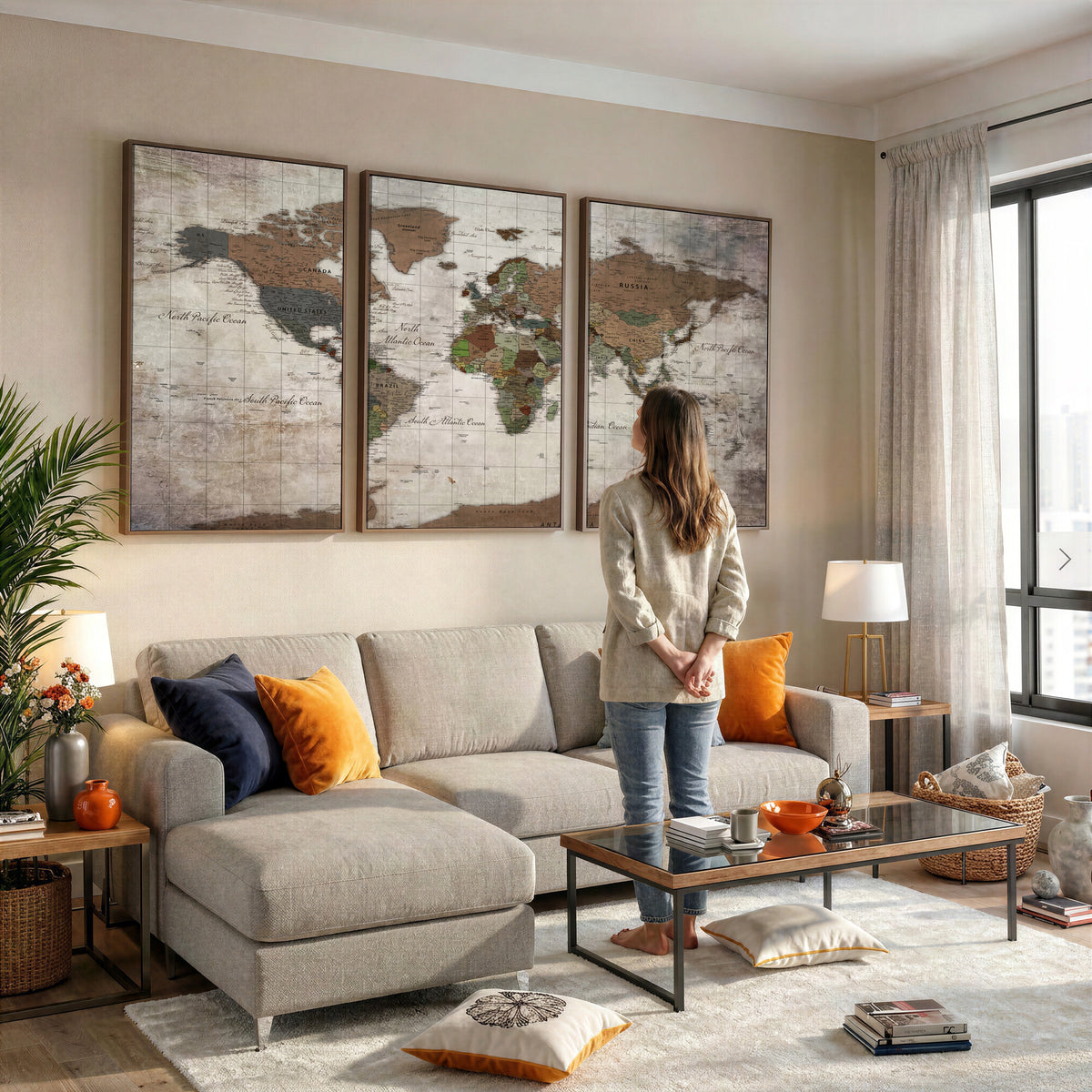 65393892-MGV-CV-36X24 - World Map Wall Art Canvas Print, Modern Decorative Framed Map Artwork Prints for Living Room, Office, Bedroom Wall Decor