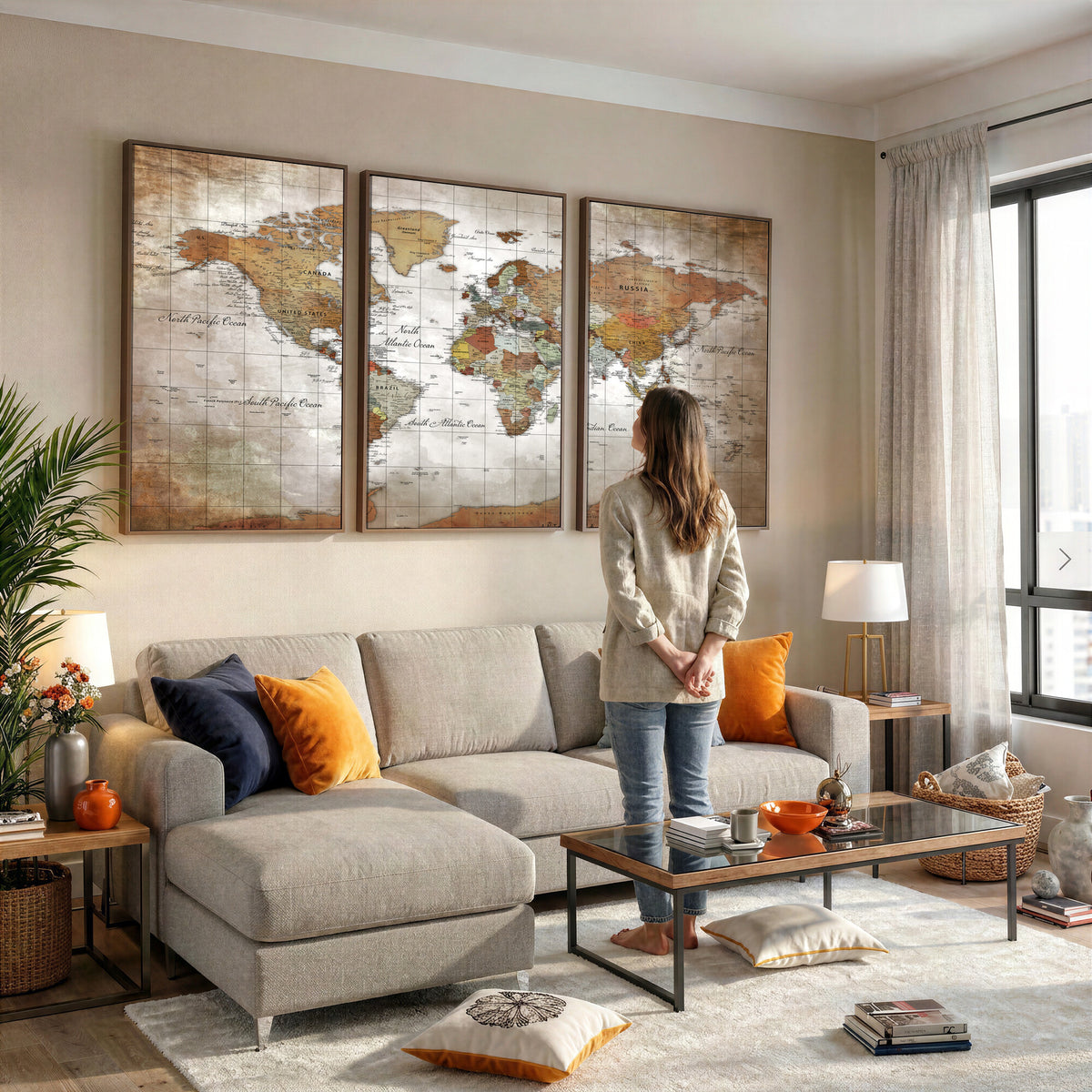 51643807-MGV-CV-36X24 - World Map Wall Art Canvas Print, Modern Decorative Framed Map Artwork Prints for Living Room, Office, Bedroom Wall Decor