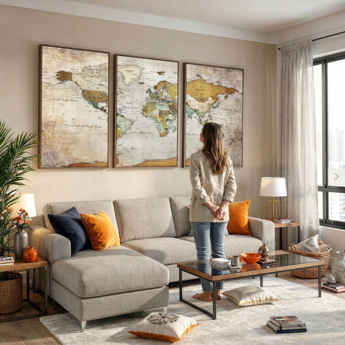 86108417-MGV-CV-36X24 - World Map Wall Art Canvas Print, Modern Decorative Framed Map Artwork Prints for Living Room, Office, Bedroom Wall Decor