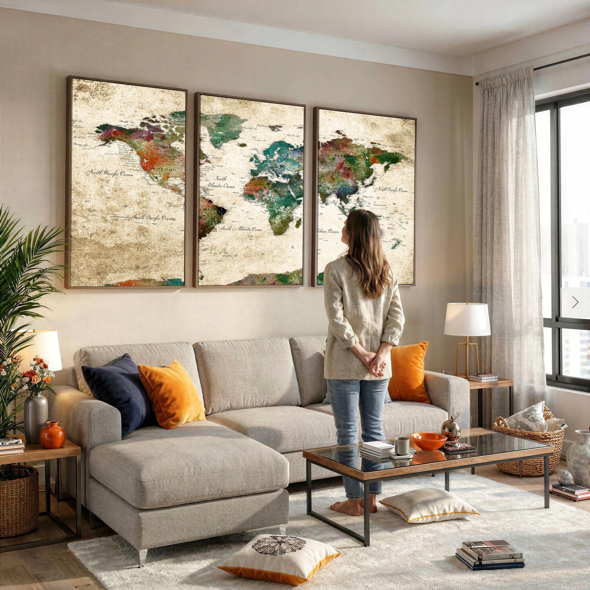 87544591-MGV-CV-36X24 - World Map Wall Art Canvas Print, Modern Decorative Framed Map Artwork Prints for Living Room, Office, Bedroom Wall Decor