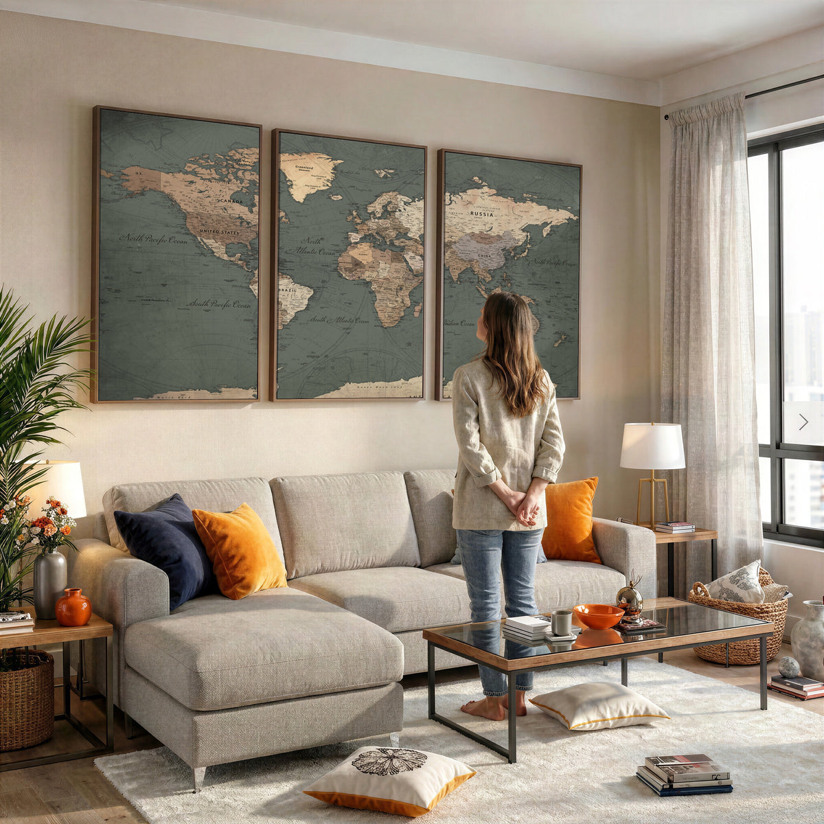 84619399-MGV-CV-36X24 - World Map Wall Art Canvas Print, Modern Decorative Framed Map Artwork Prints for Living Room, Office, Bedroom Wall Decor