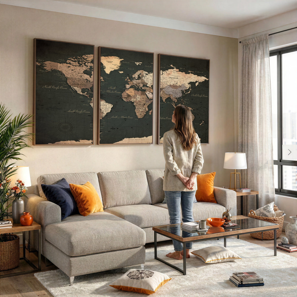 62059333-MGV-CV-36X24 - World Map Wall Art Canvas Print, Modern Decorative Framed Map Artwork Prints for Living Room, Office, Bedroom Wall Decor