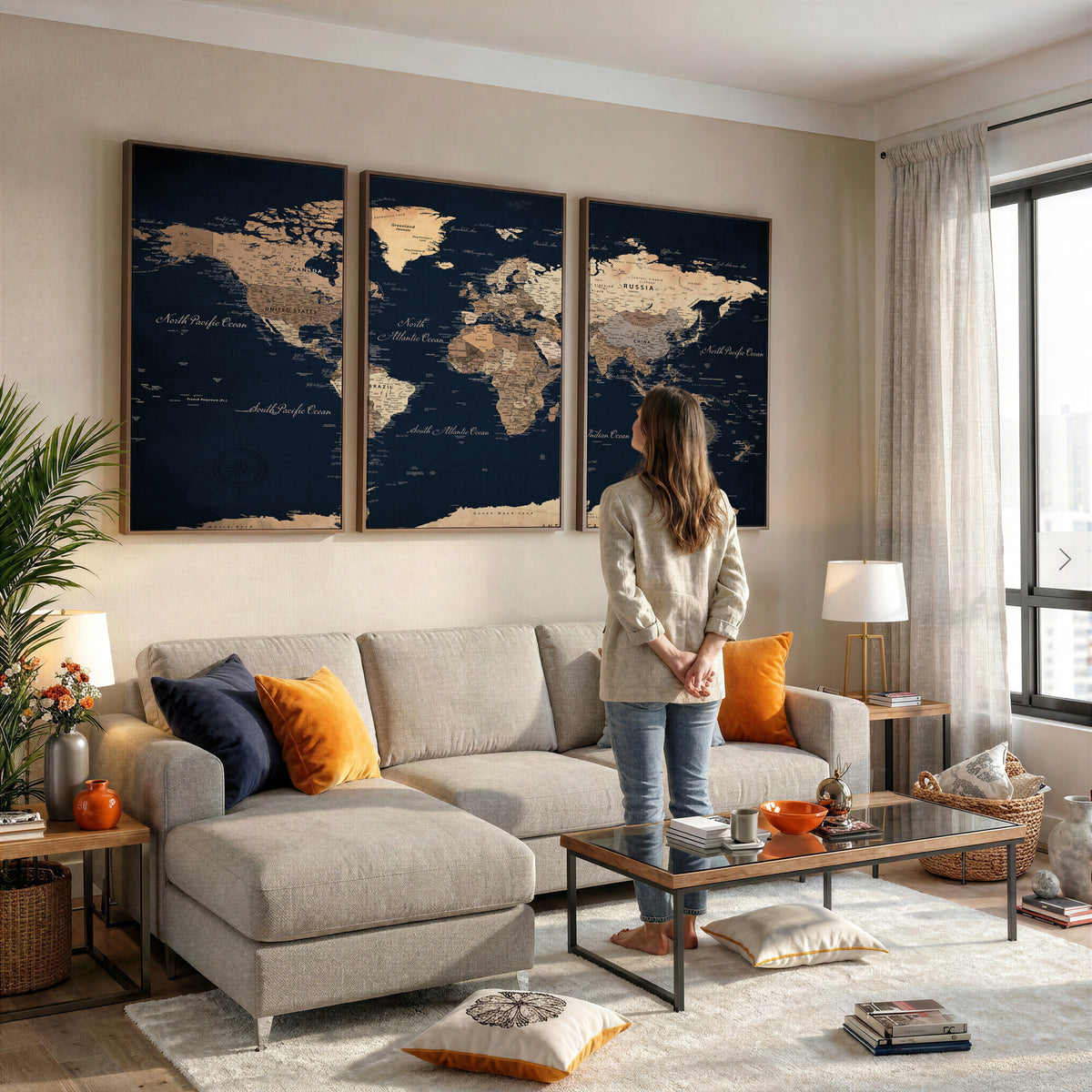 53971530-MGV-CV-36X24 - World Map Wall Art Canvas Print, Modern Decorative Framed Map Artwork Prints for Living Room, Office, Bedroom Wall Decor